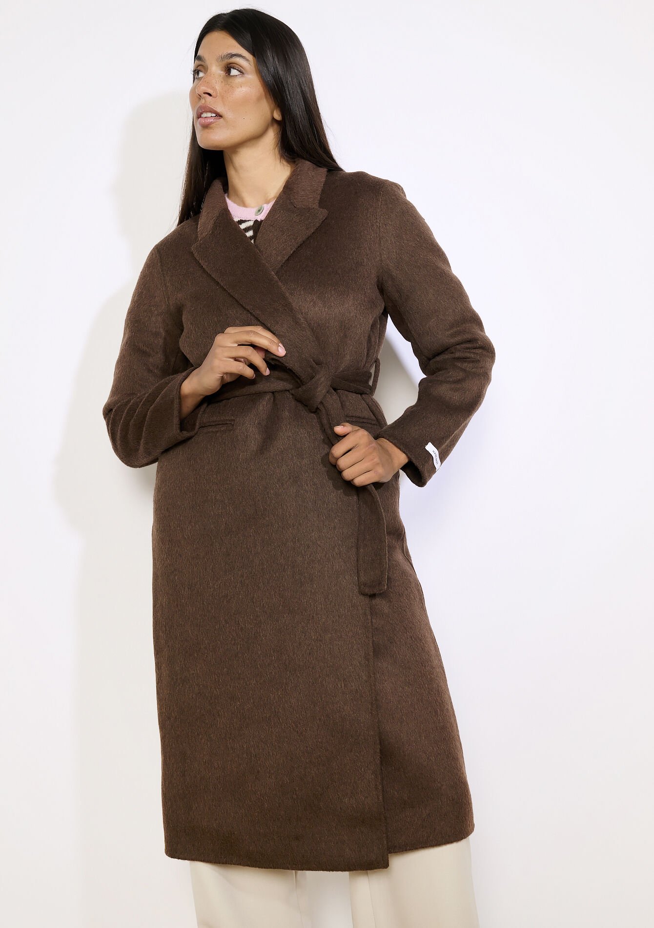 Long collarless coat, Long collarless coat - BROWN DARK CHOCOLATE - 23000774_3720