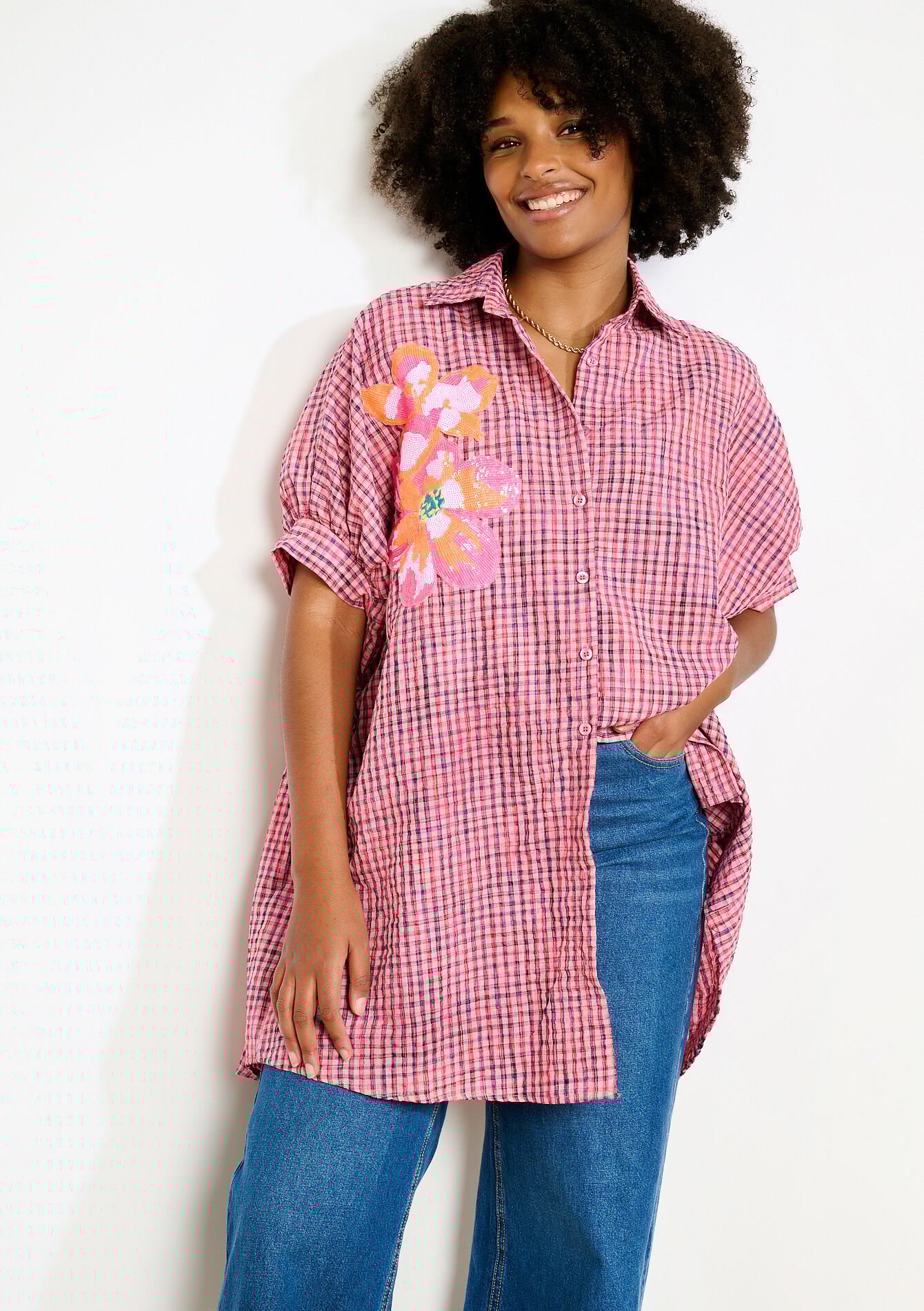 Robe chemise courte vichy, , back