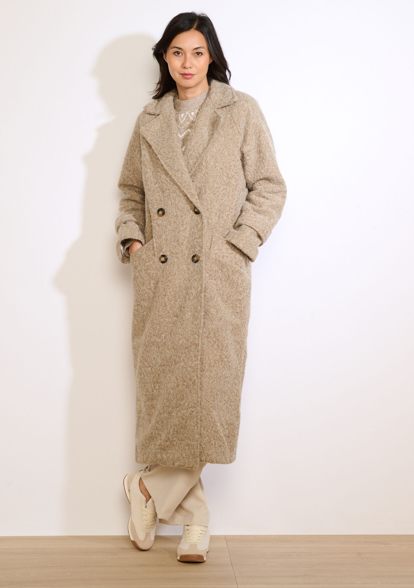 Lange jas met lusstructuur, Lange jas met lusstructuur - TAUPE - 23000807_1021