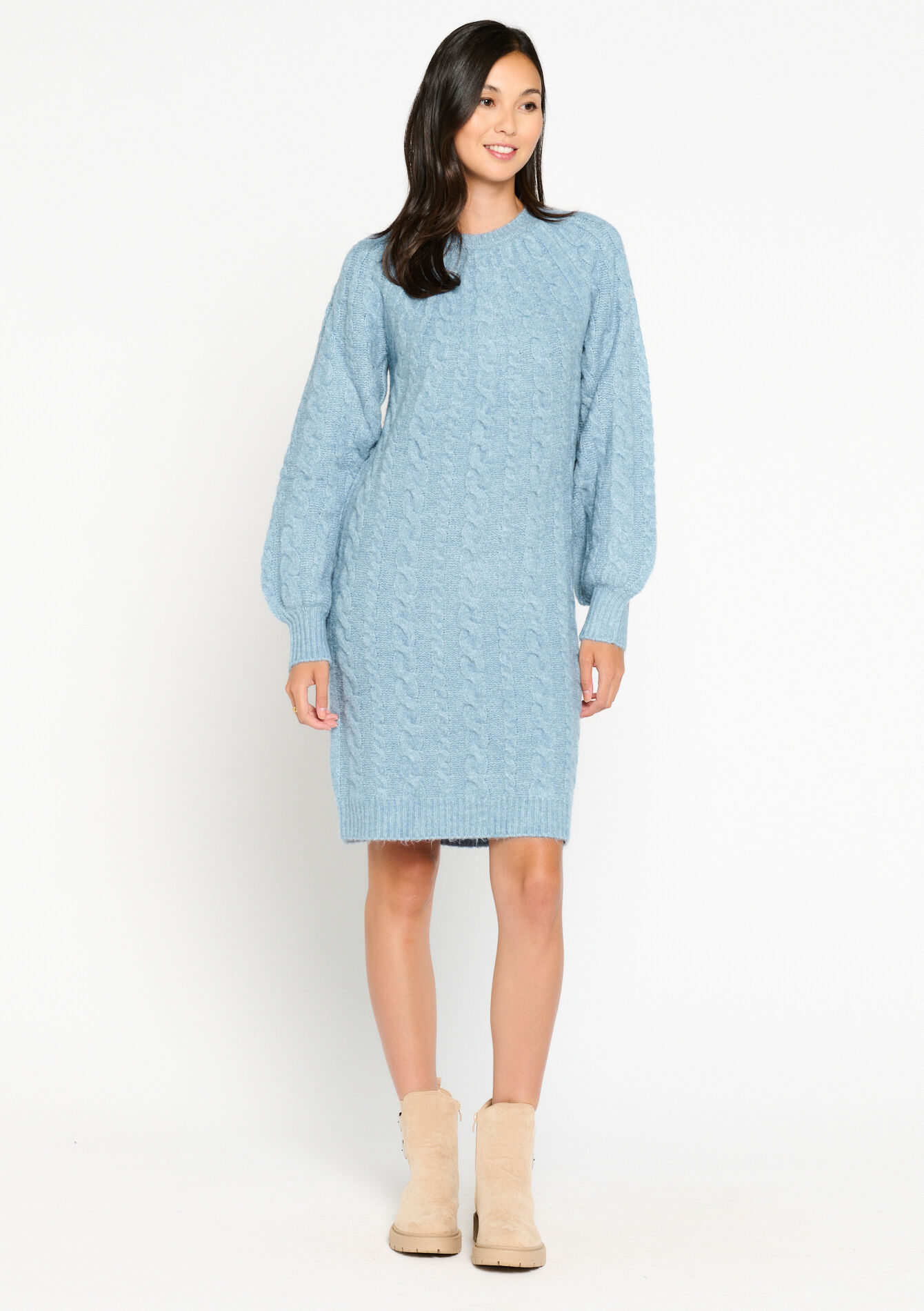Gebreide jurk met kabels, Gebreide jurk met kabels - LIGHT BLUE MEL - 08103303_1541
