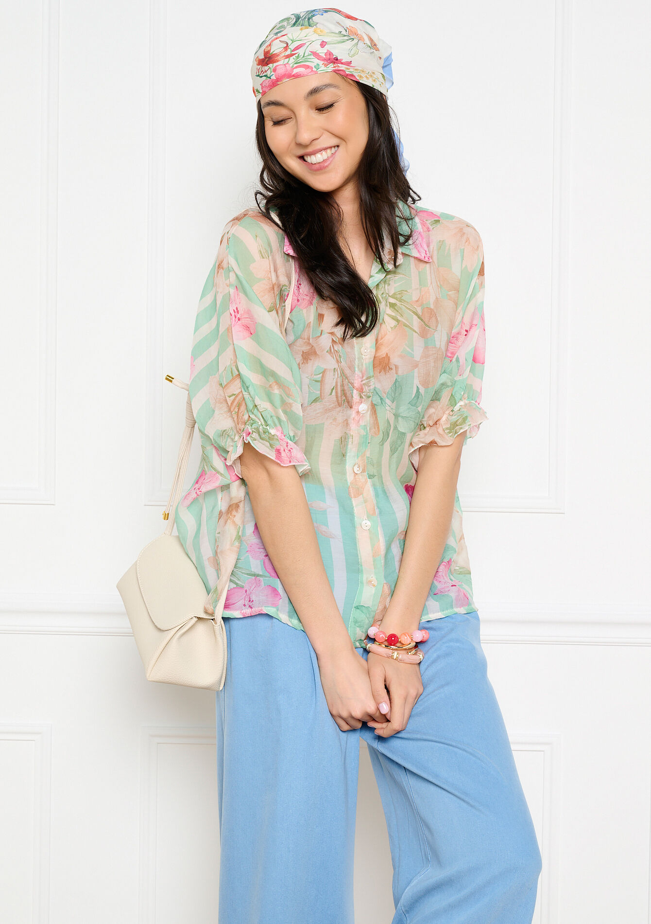 Chemise voile rayures fleurs, , back