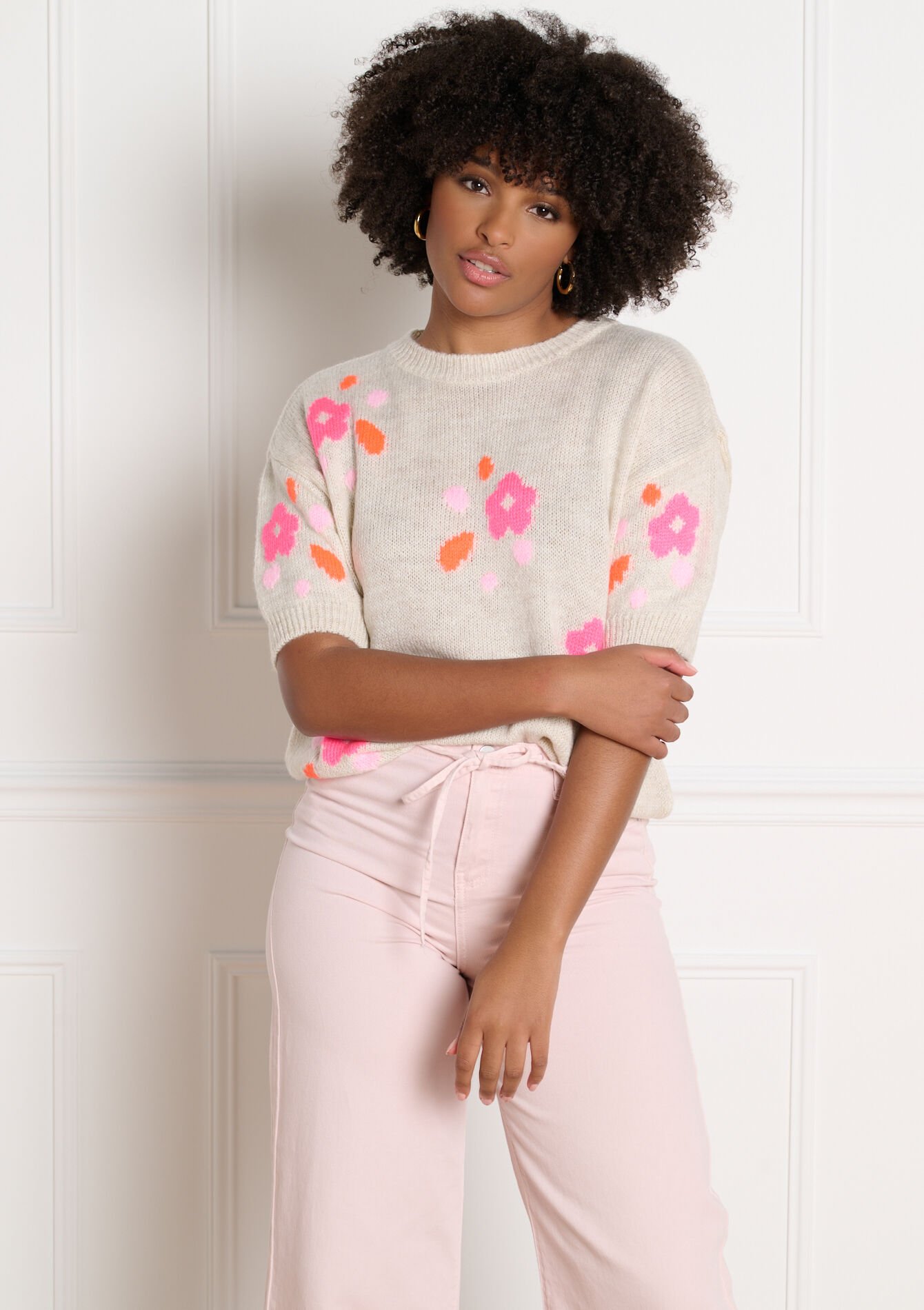 Trui met korte mouwen en motief - LT BEIGE - 04007263_2527