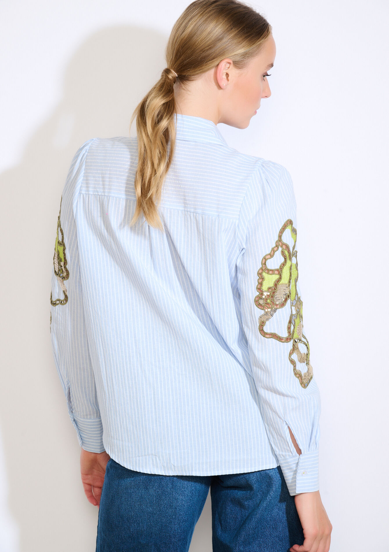 Geborduurde blouse met strepen , Geborduurde blouse met strepen - BLUE FAIENCE - 05702917_1584