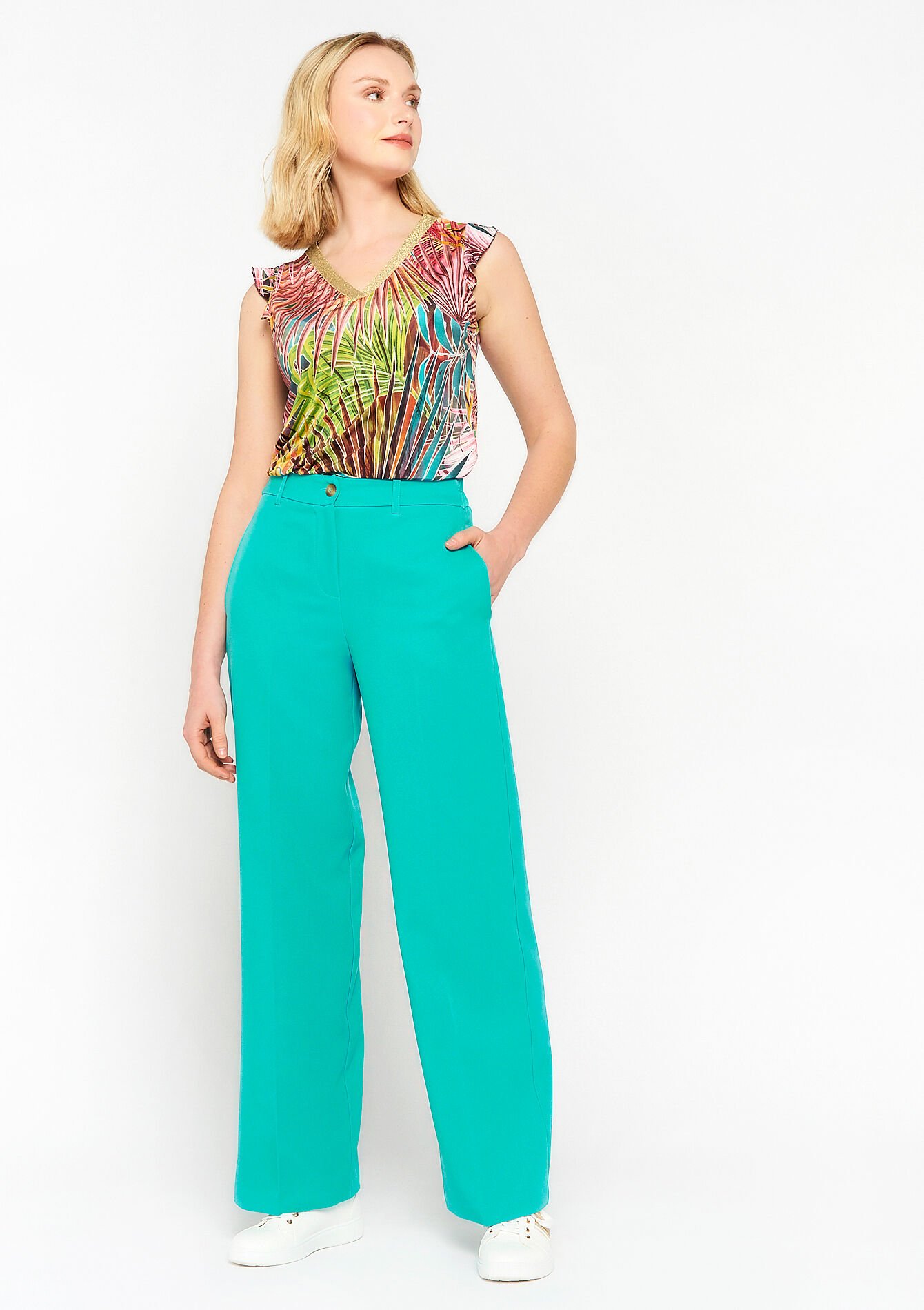 Pantalon évasé en sergé, Pantalon évasé en sergé - TURQUOISE - 06100501_1759