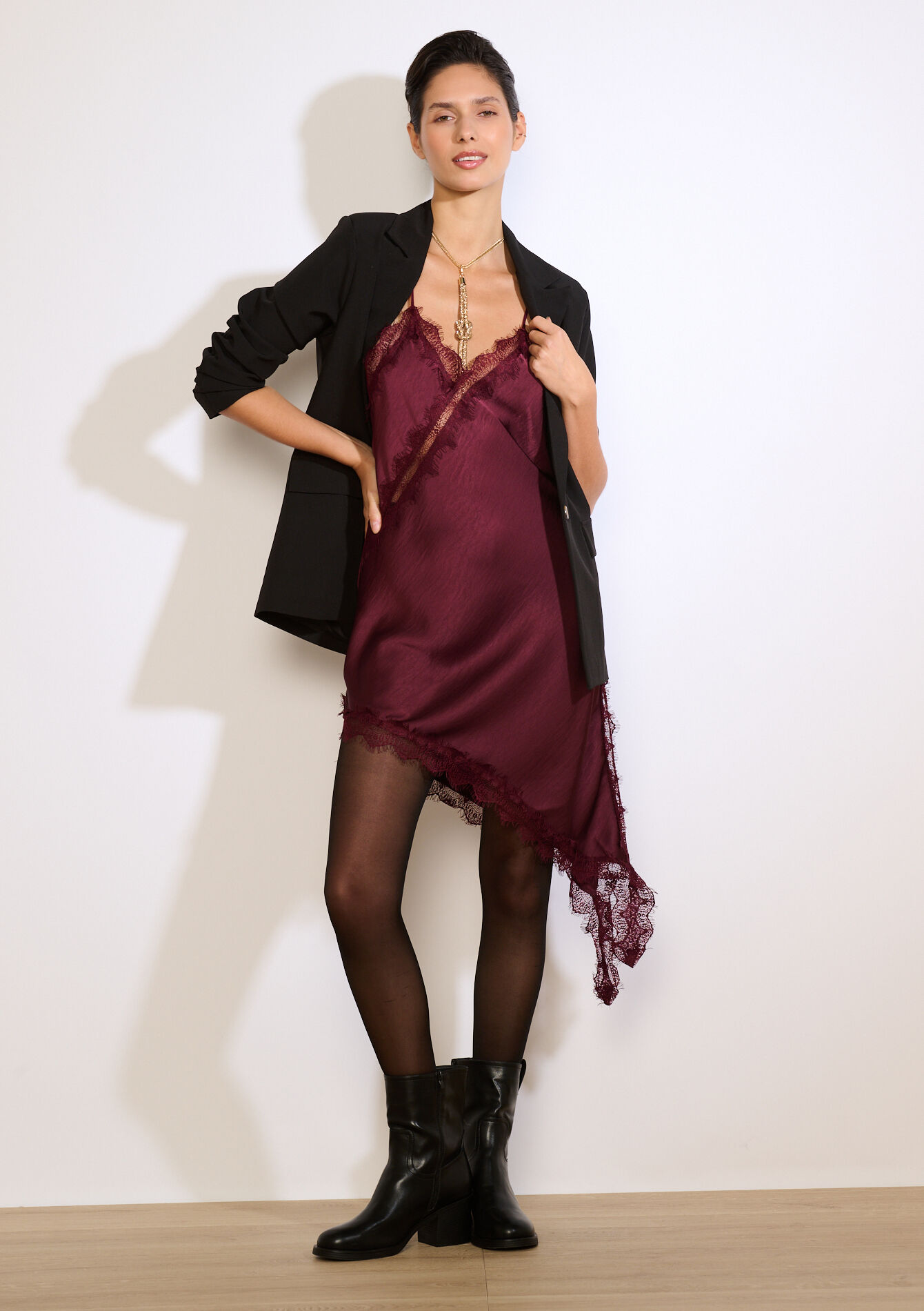 Robe nuisette en satin, Robe nuisette en satin - AUBERGINE - 08104415_1537