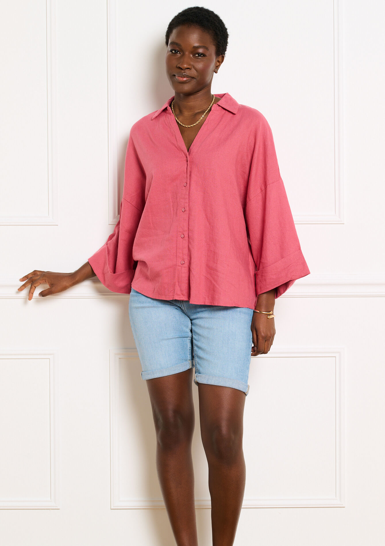 Losvallend shirt met wijde mouwen, , back