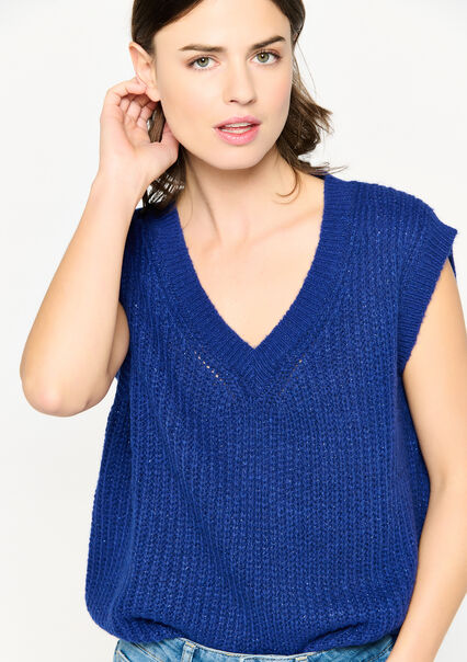 Knitted tank top with V-neck - ELECTRIC BLUE - 04005717_1619