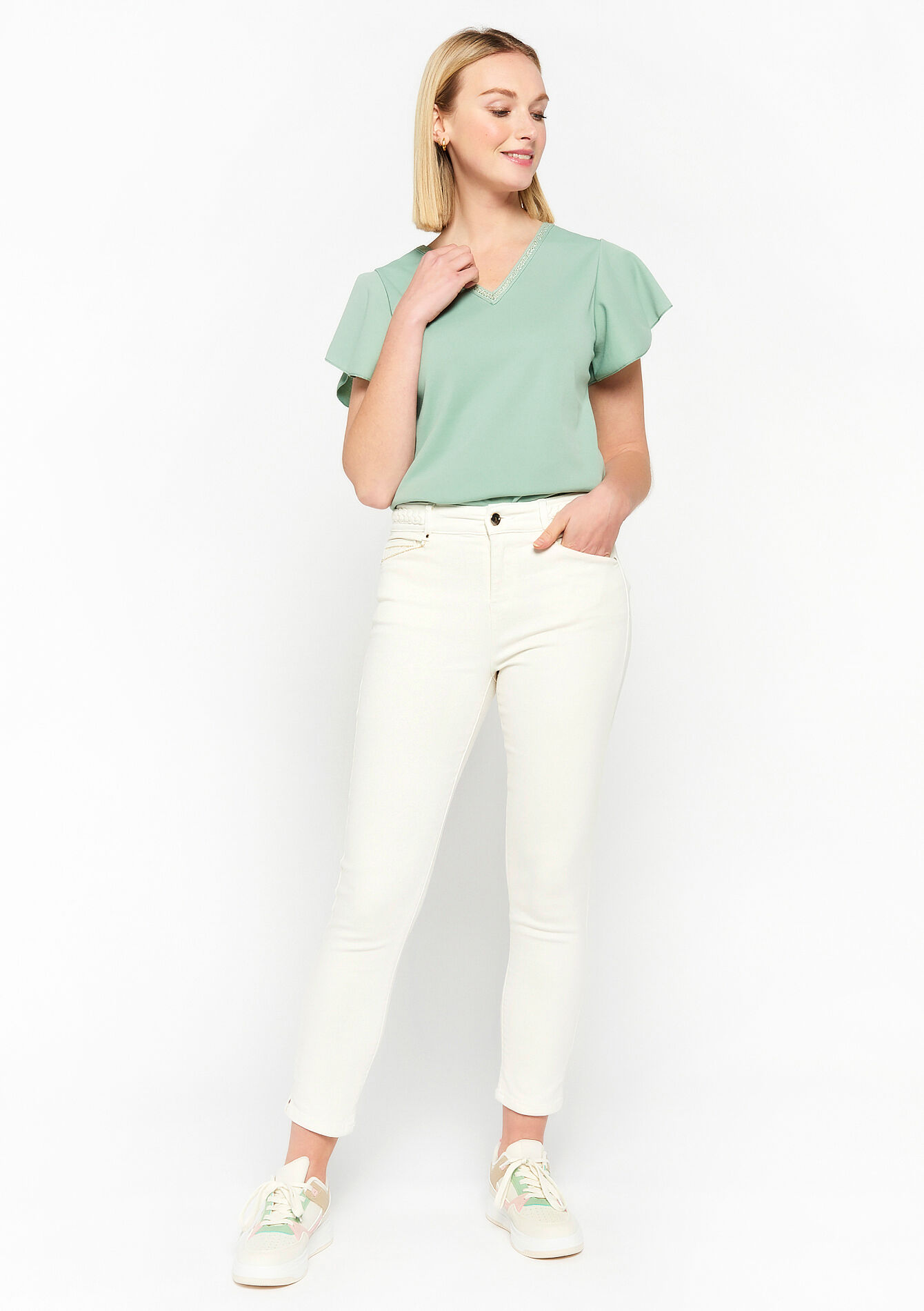 T-shirt met V-hals - MINT GREEN - 02301365_1723