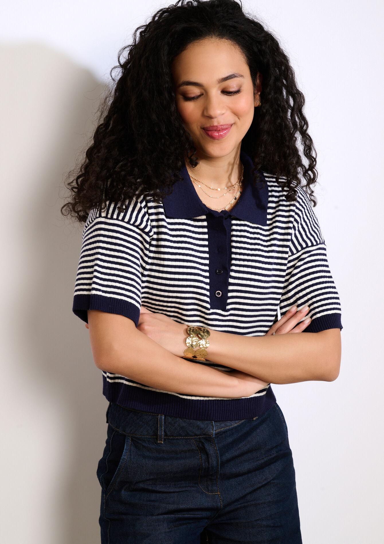 Cropped striped knit polo - NAVY BASIC - 04007218_2723