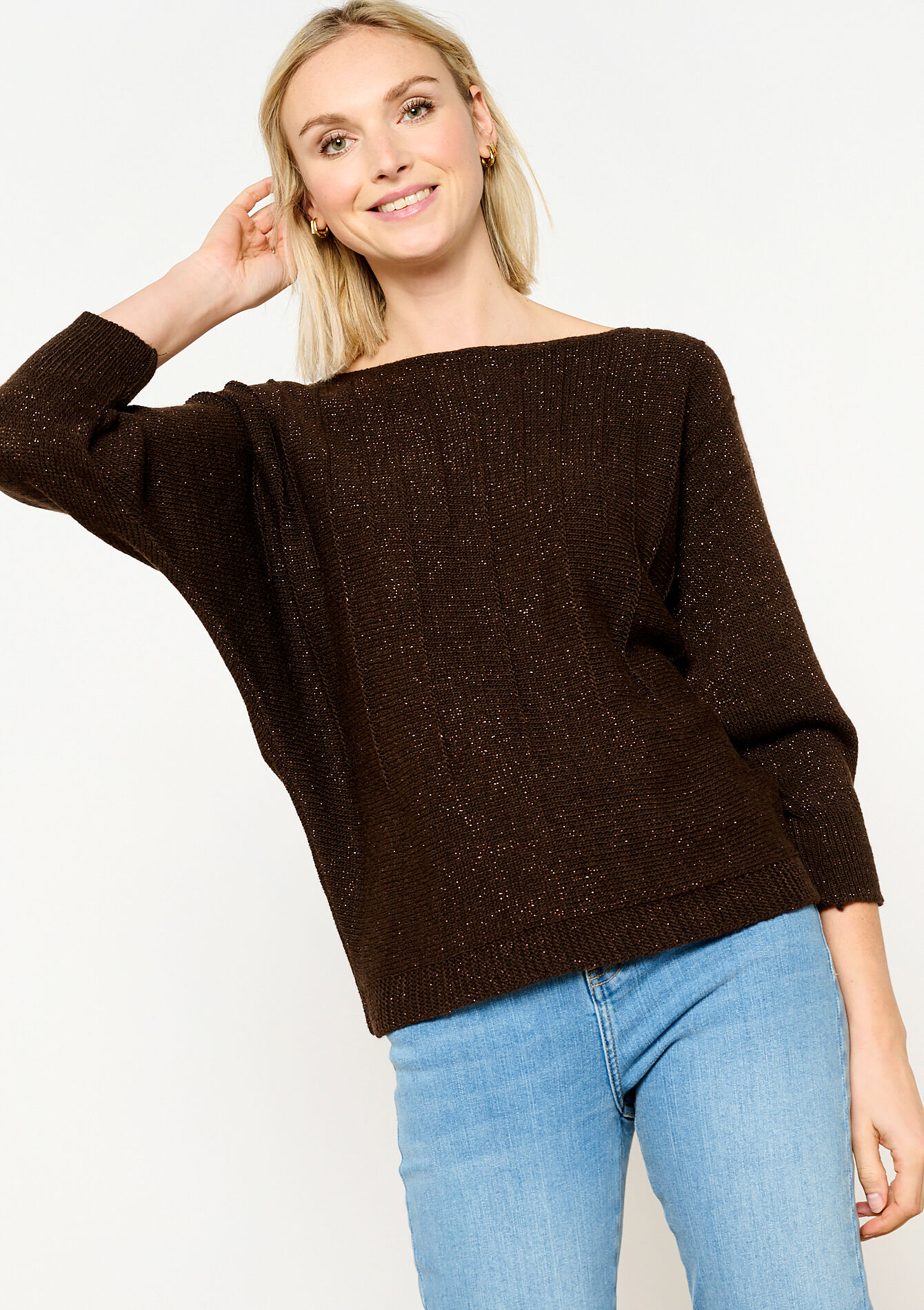 Pullover en lurex manches chauve-souris, Pullover en lurex manches chauve-souris - BROWN DARK CHOCOLATE - 04006276_3720