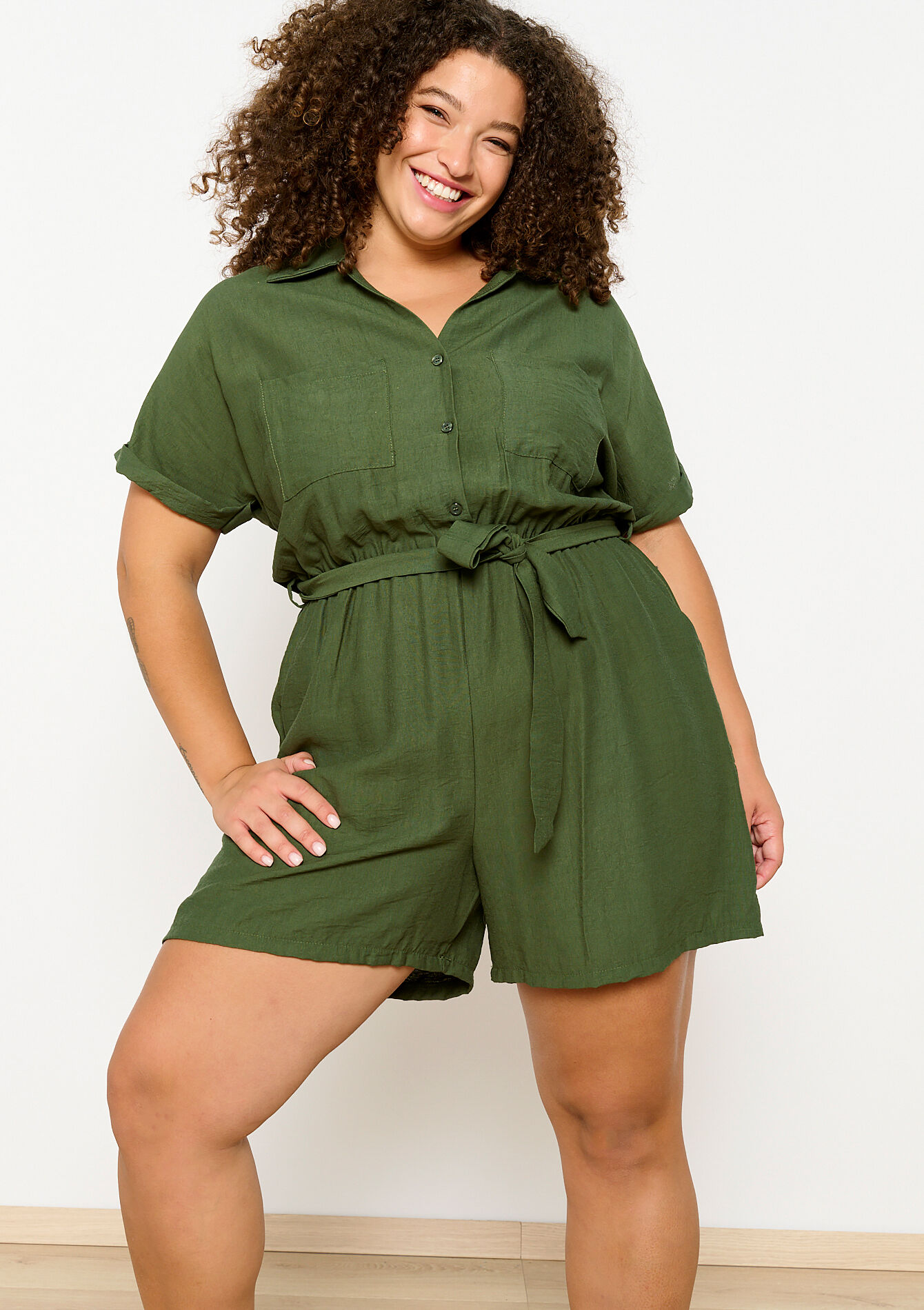 Playsuit with tie-belt, Playsuit with tie-belt - KHAKI REAL - 06004518_4301