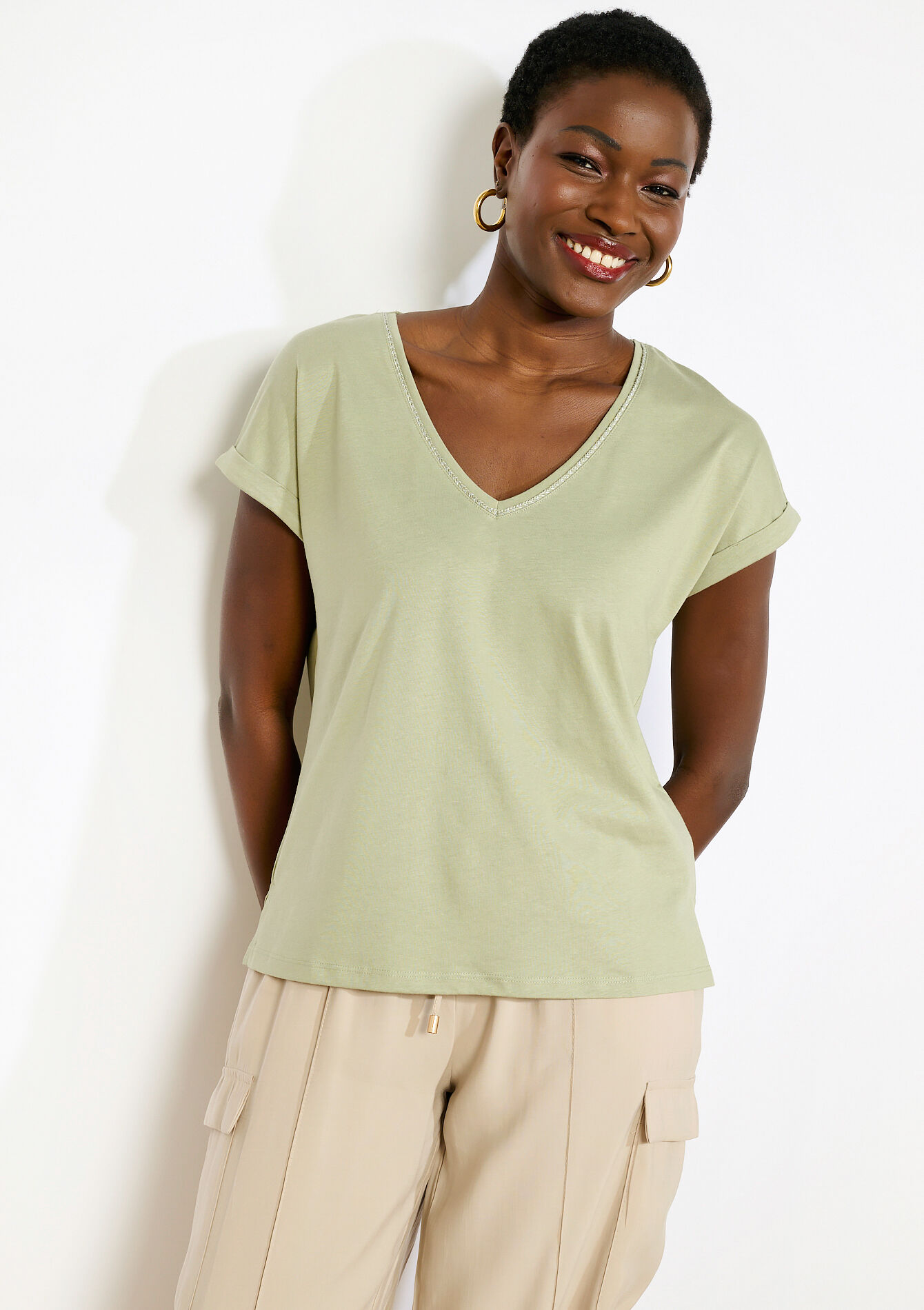 T-shirt met V-hals, T-shirt met V-hals - KHAKI FADED - 02301937_4326