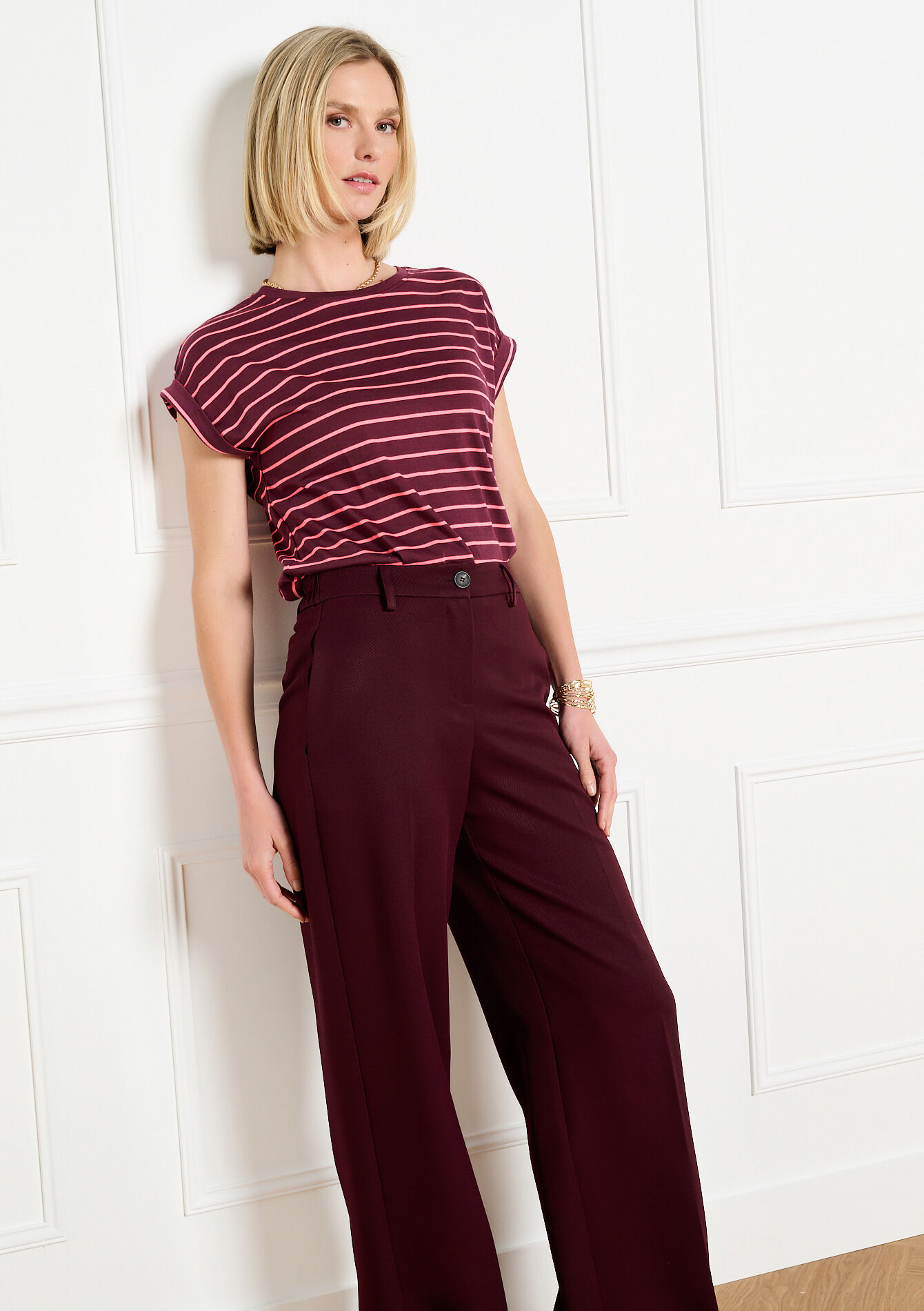 Gestreept soepel t-shirt - AUBERGINE - 02301928_1537