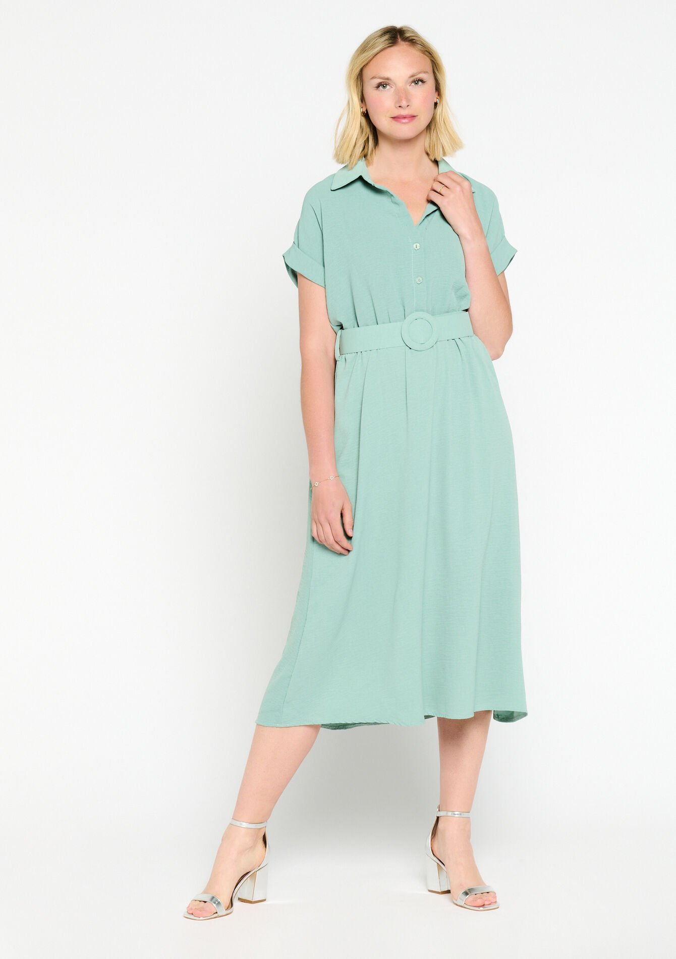 Midi dress with polo collar, Midi dress with polo collar - MINT GREEN - 08601892_1723