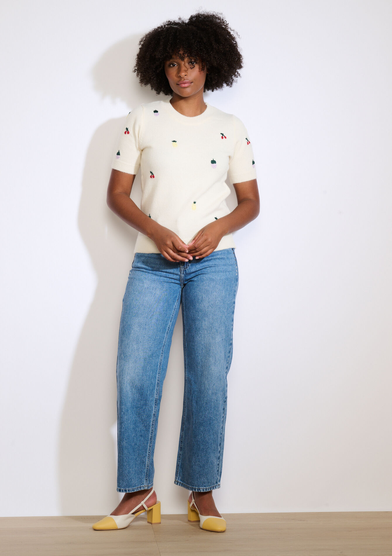 Embroidered fruit knit - VANILLA WHITE - 04006982