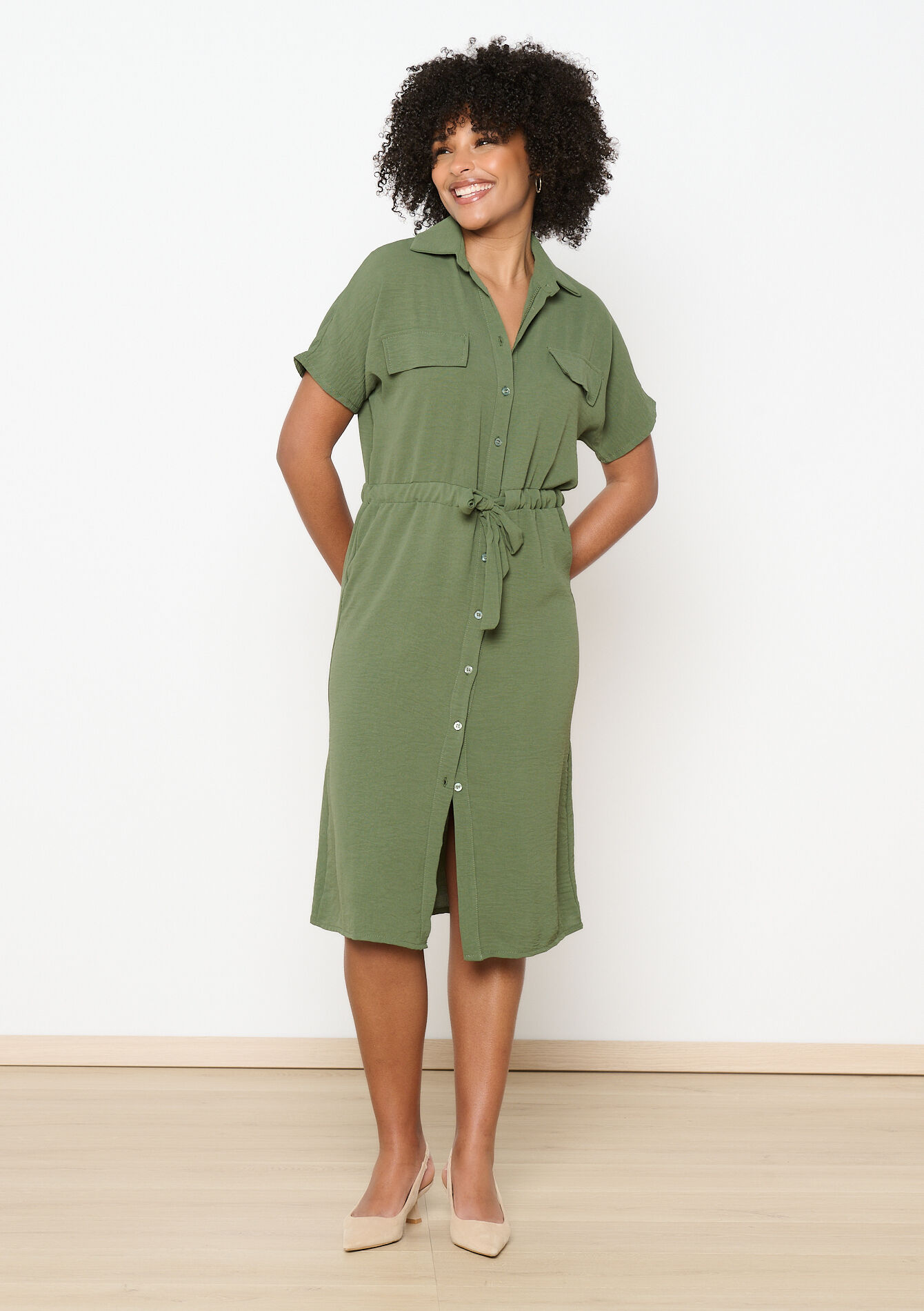 Midi shirt dress, Midi shirt dress - KHAKI MED - 08104038_4327