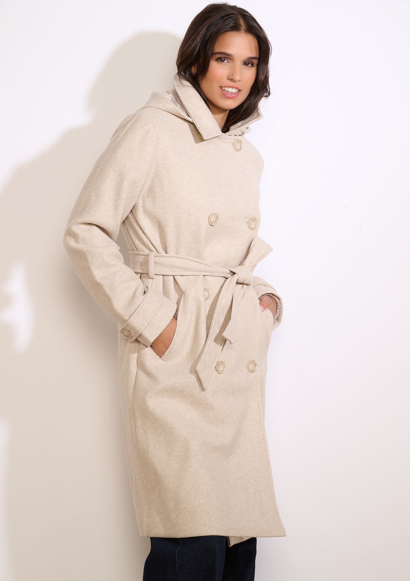 Manteau long ceinturé - BEIGE CHINE - 23000761_4025