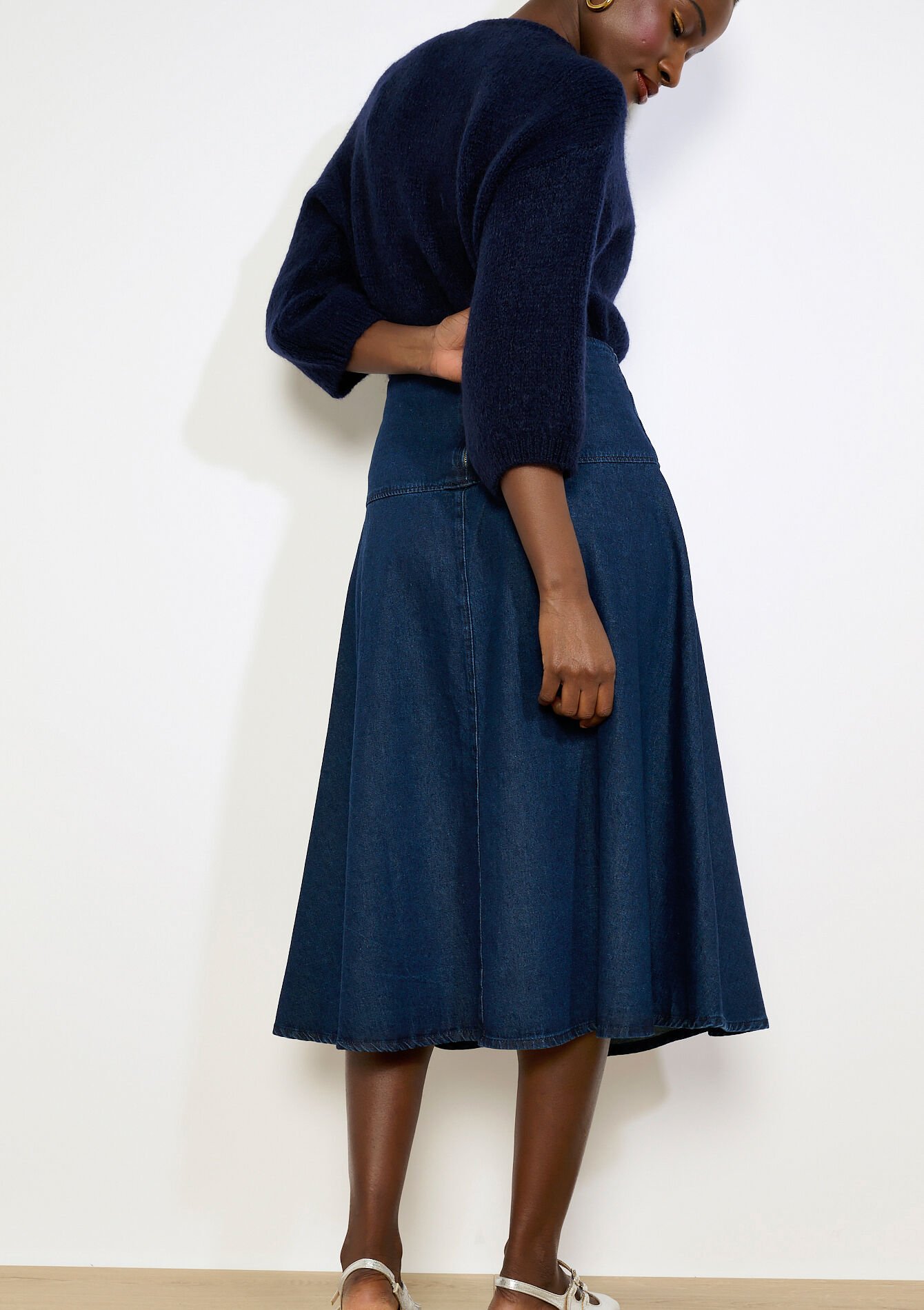 Jupe midi évasée denim - DARK BLUE - 07101482_0501