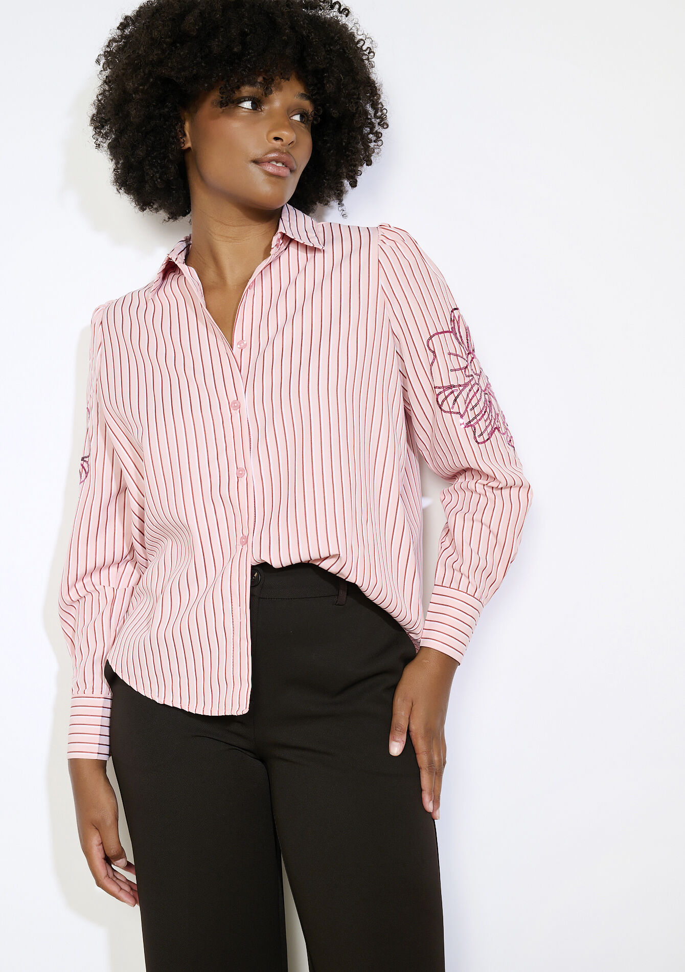 Chemise à rayures brodée - NUDE PINK - 05702940_1301