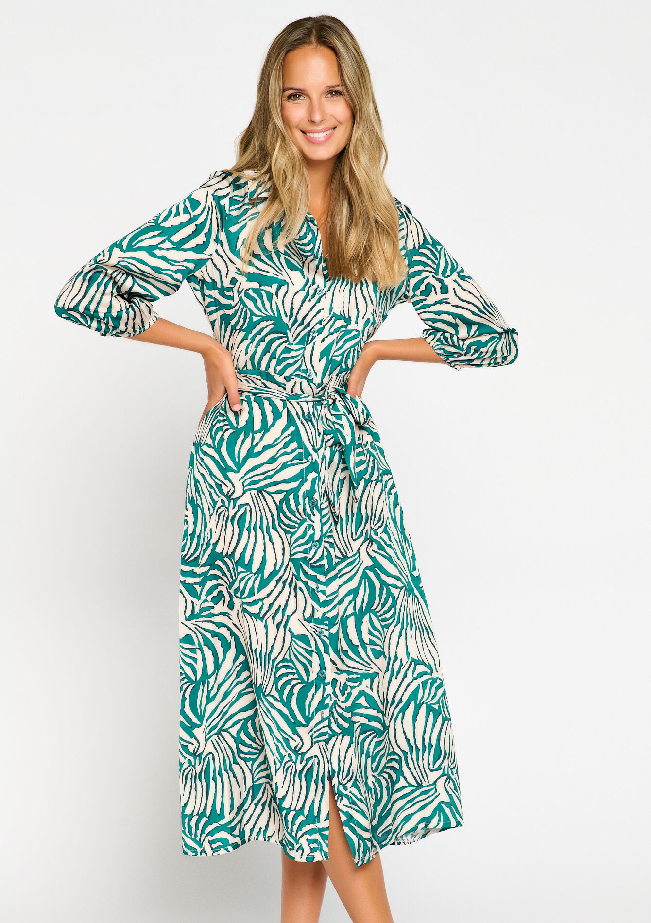 Satin shirt dress with zebra print, Satin shirt dress with zebra print - GREEN APPLE - 08601773_1783