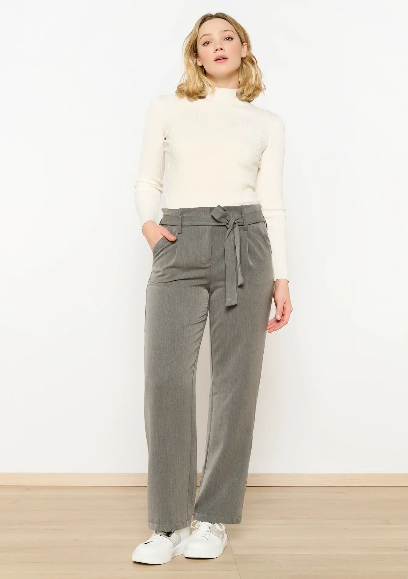 Pantalon paper bag avec ceinture à nouer, Pantalon paper bag avec ceinture à nouer - MED GREY - 1095565