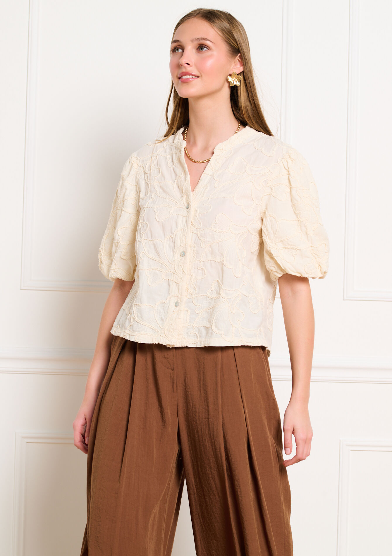 Blouse met structuur en volume mouwen - VANILLA WHITE - 05703070_1013