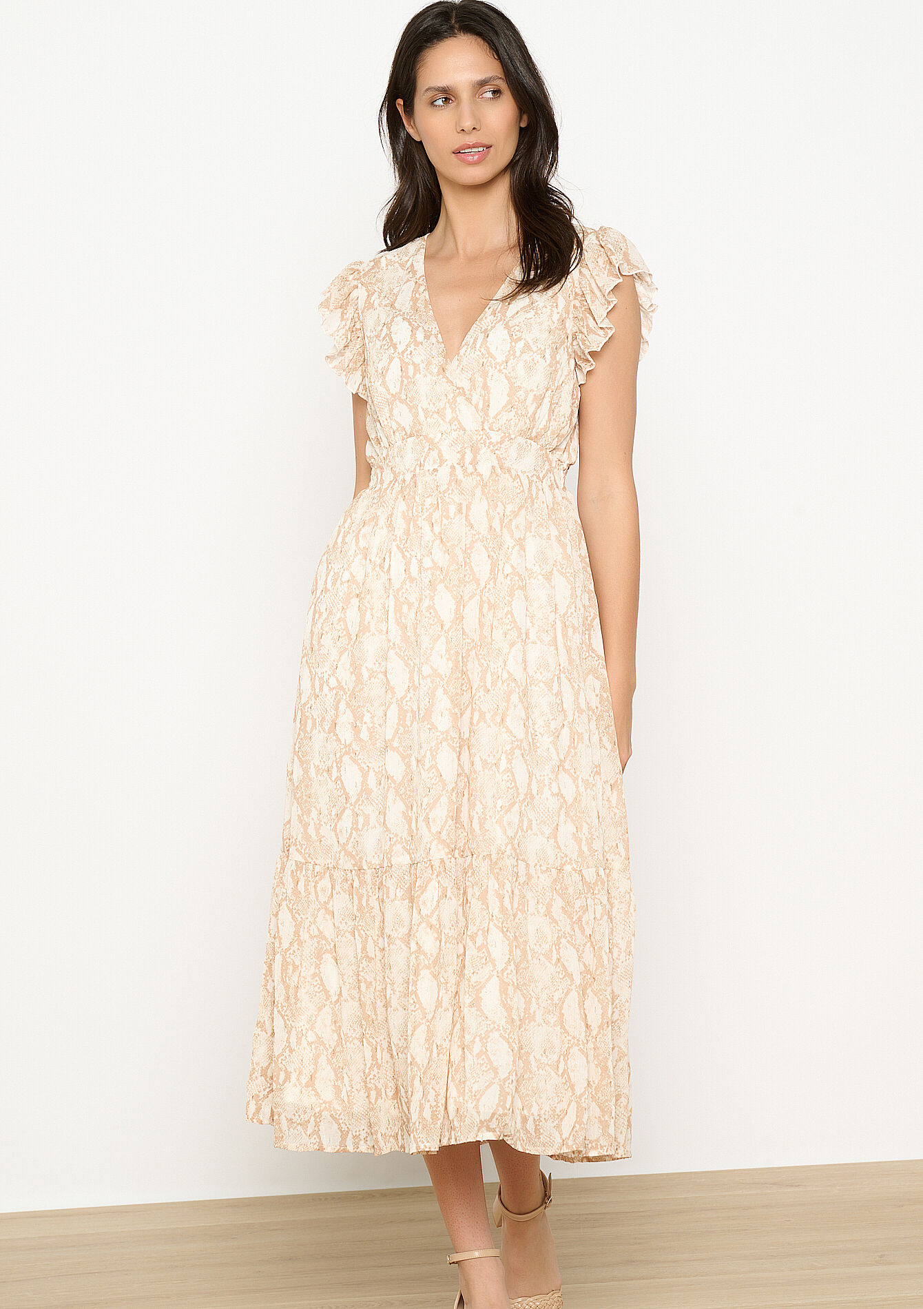 Lange jurk met slangenprint en ruches, Lange jurk met slangenprint en ruches - LT BEIGE - 08103942_2527