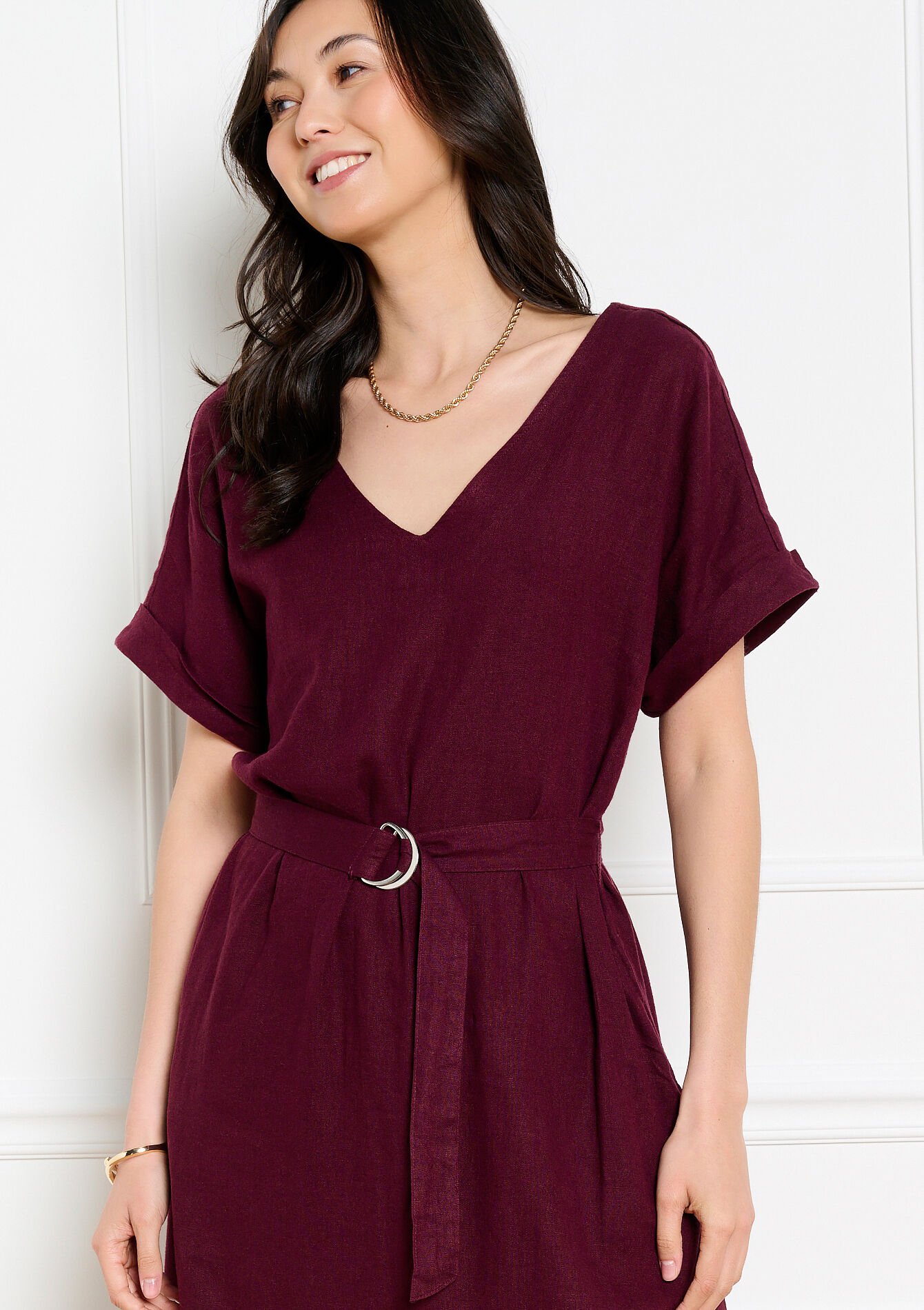 Robe midi ceinturée fluide - AUBERGINE - 08104332_1537