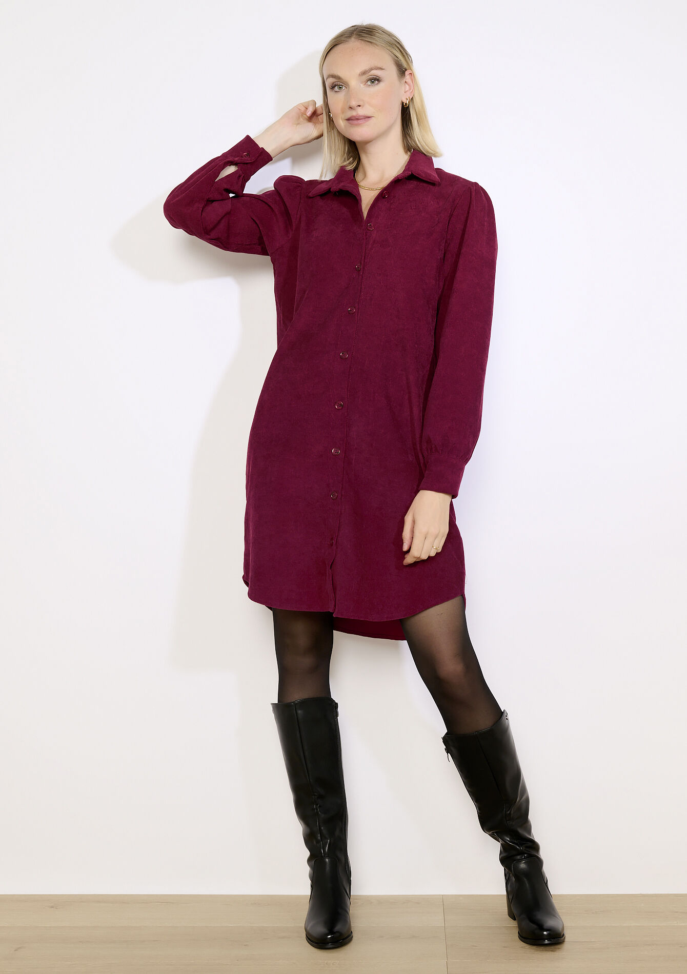Robe chemise en velours, Robe chemise en velours - BORDEAUX WINE - 08104418_5514