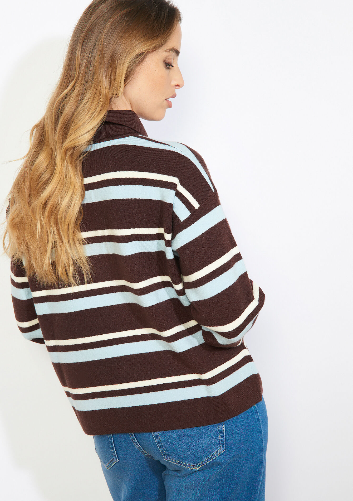 Gestreepte gebreide polopulli - BROWN DARK CHOCOLATE - 04007183_3720