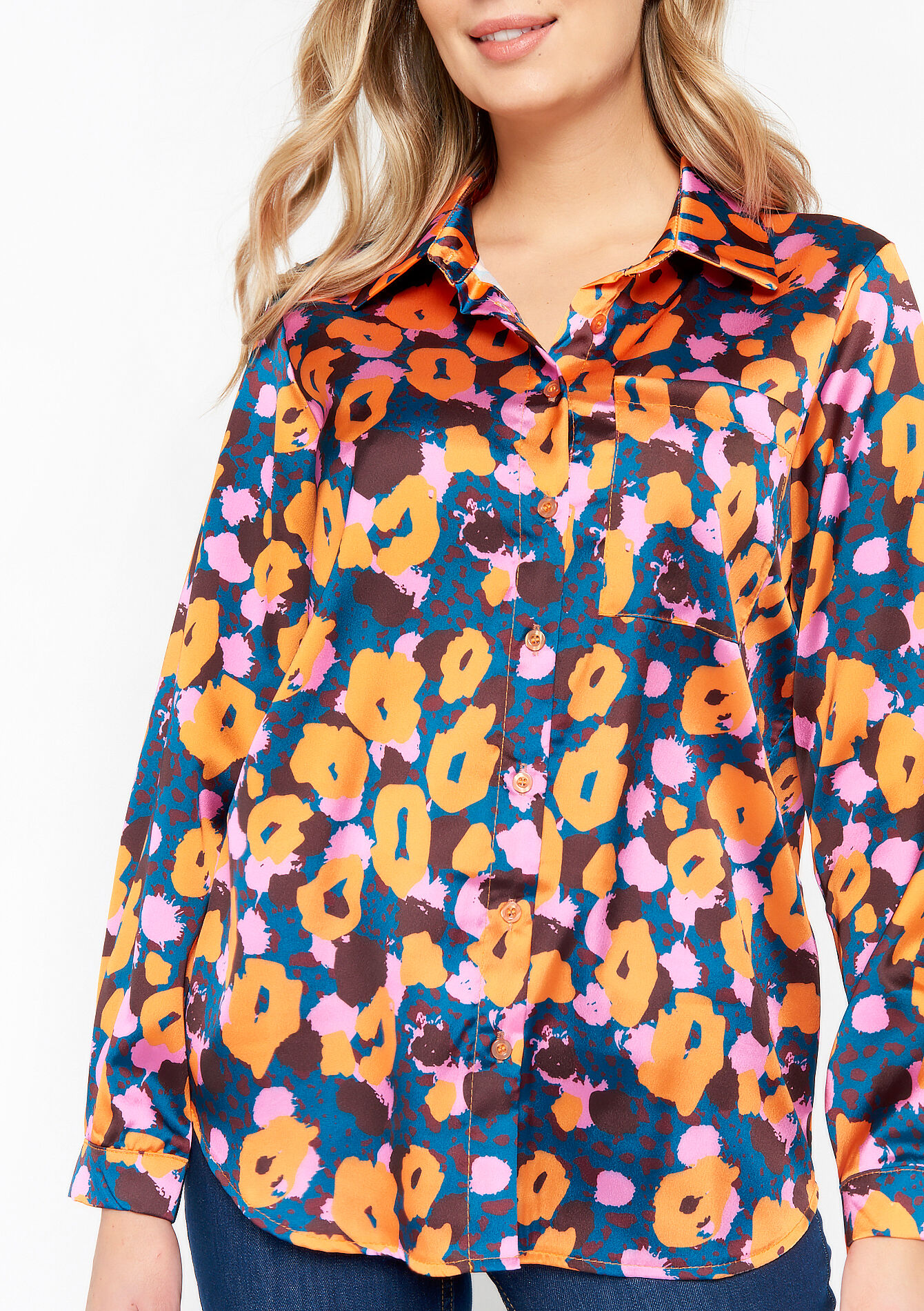 Satin shirt with print, Satin shirt with print - RED ORANGE - 05702113_1397