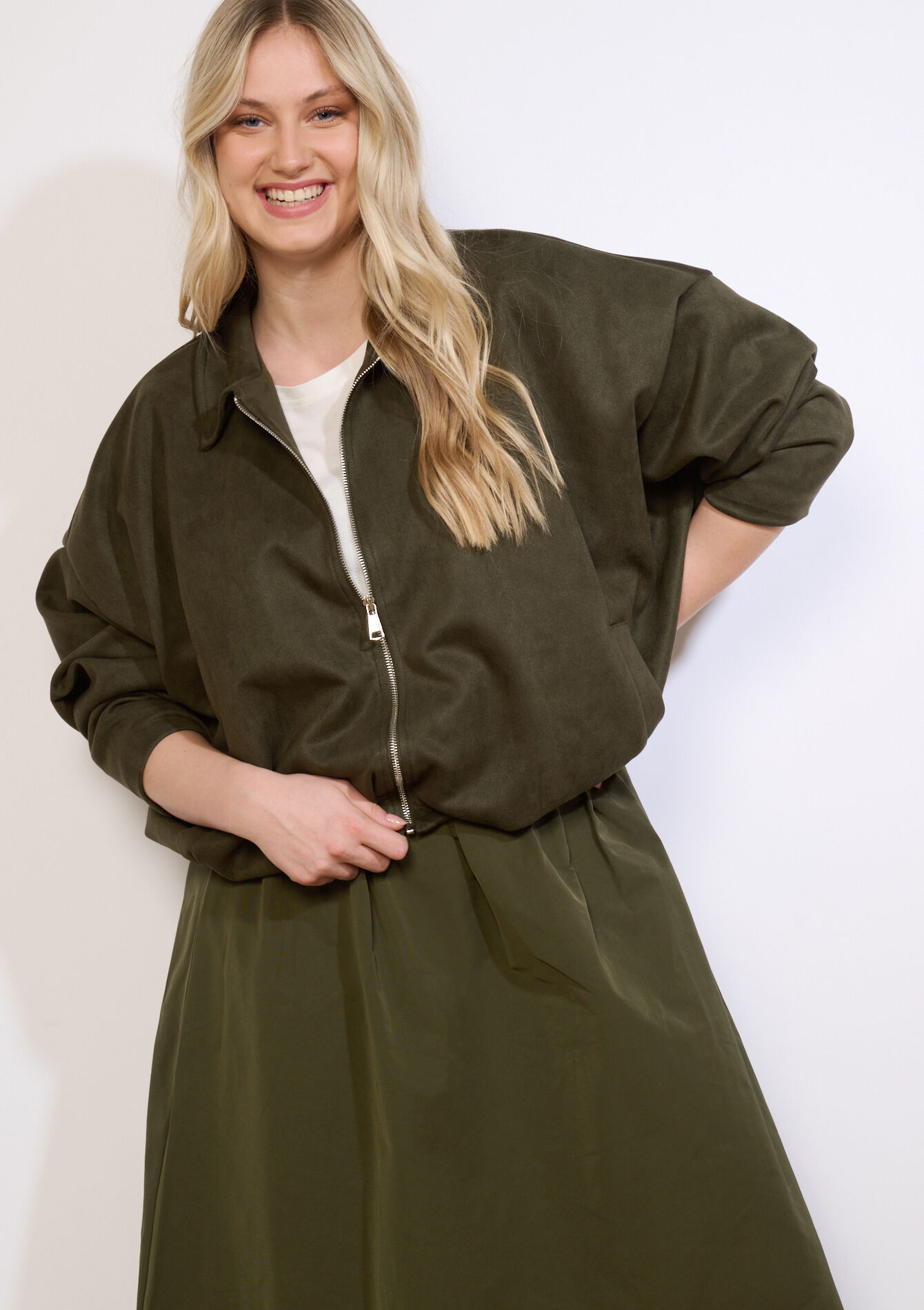 Oversized zip-up bomber - KHAKI DARKY - 09101174_4208