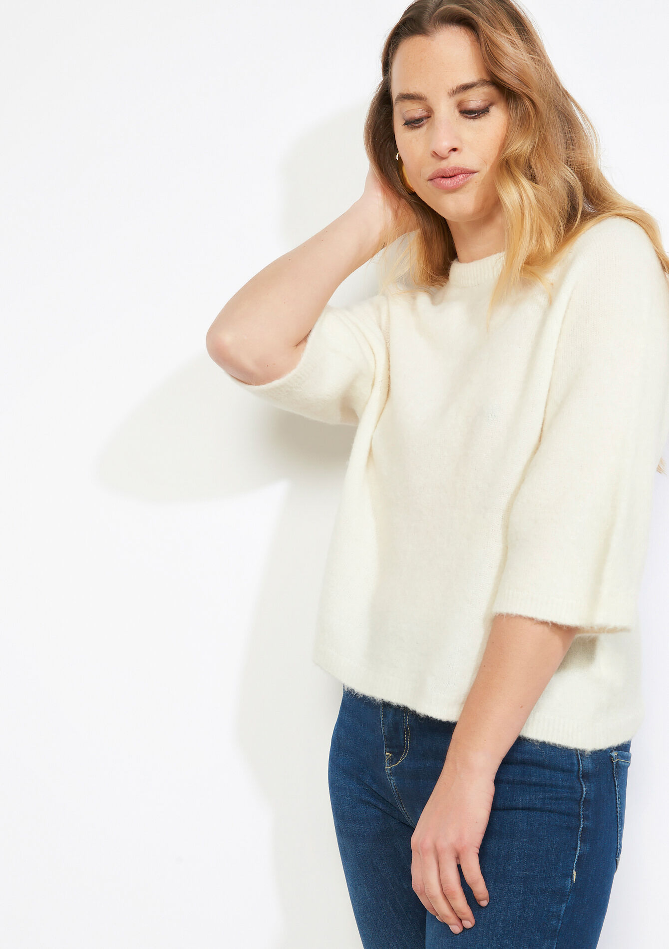 Soft 3/4 sleeve sweater, Soft 3/4 sleeve sweater - VANILLA WHITE - 04007207_1013