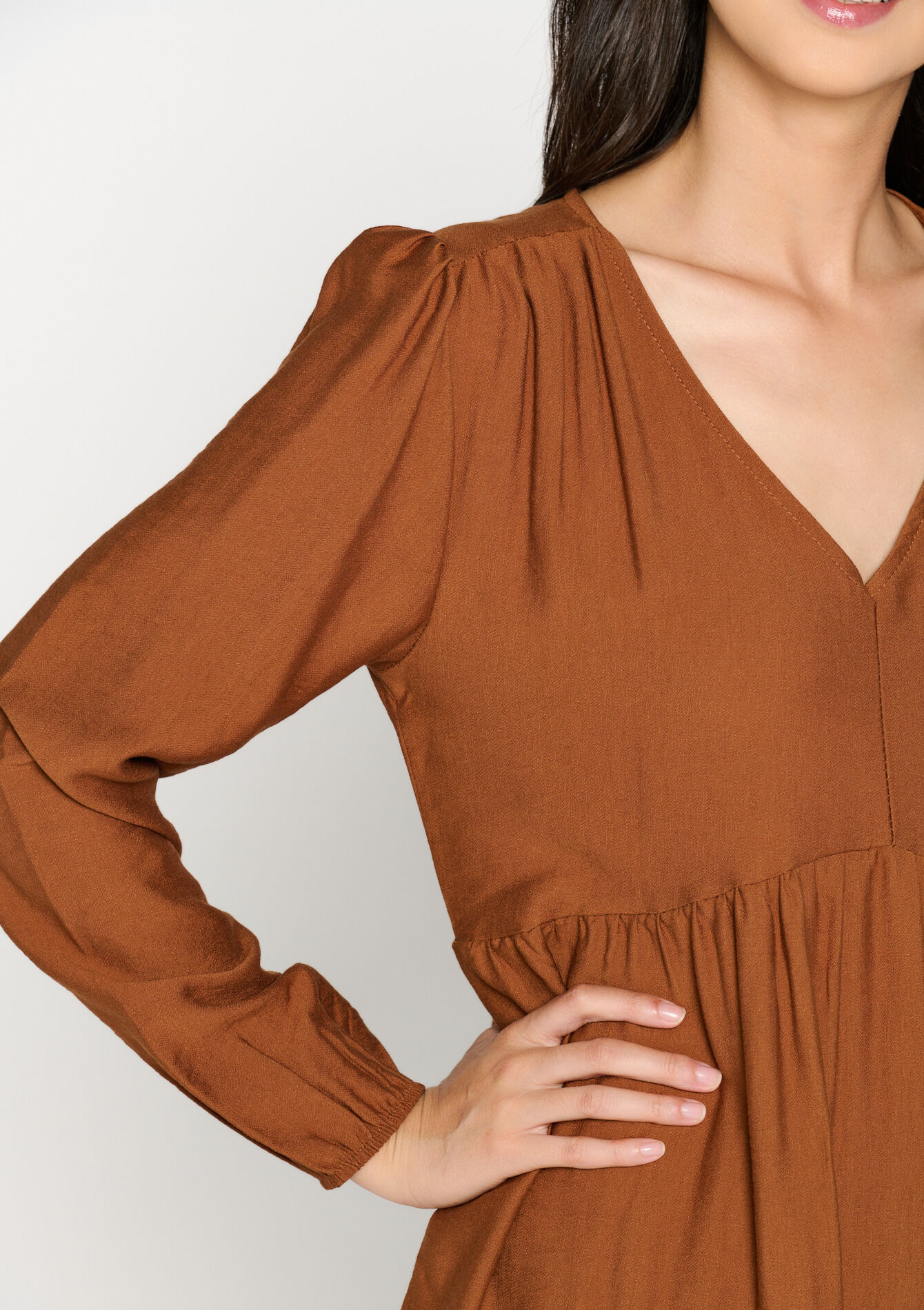 Satin babydoll dress, Satin babydoll dress - CAMEL BROWN - 08103382_3818