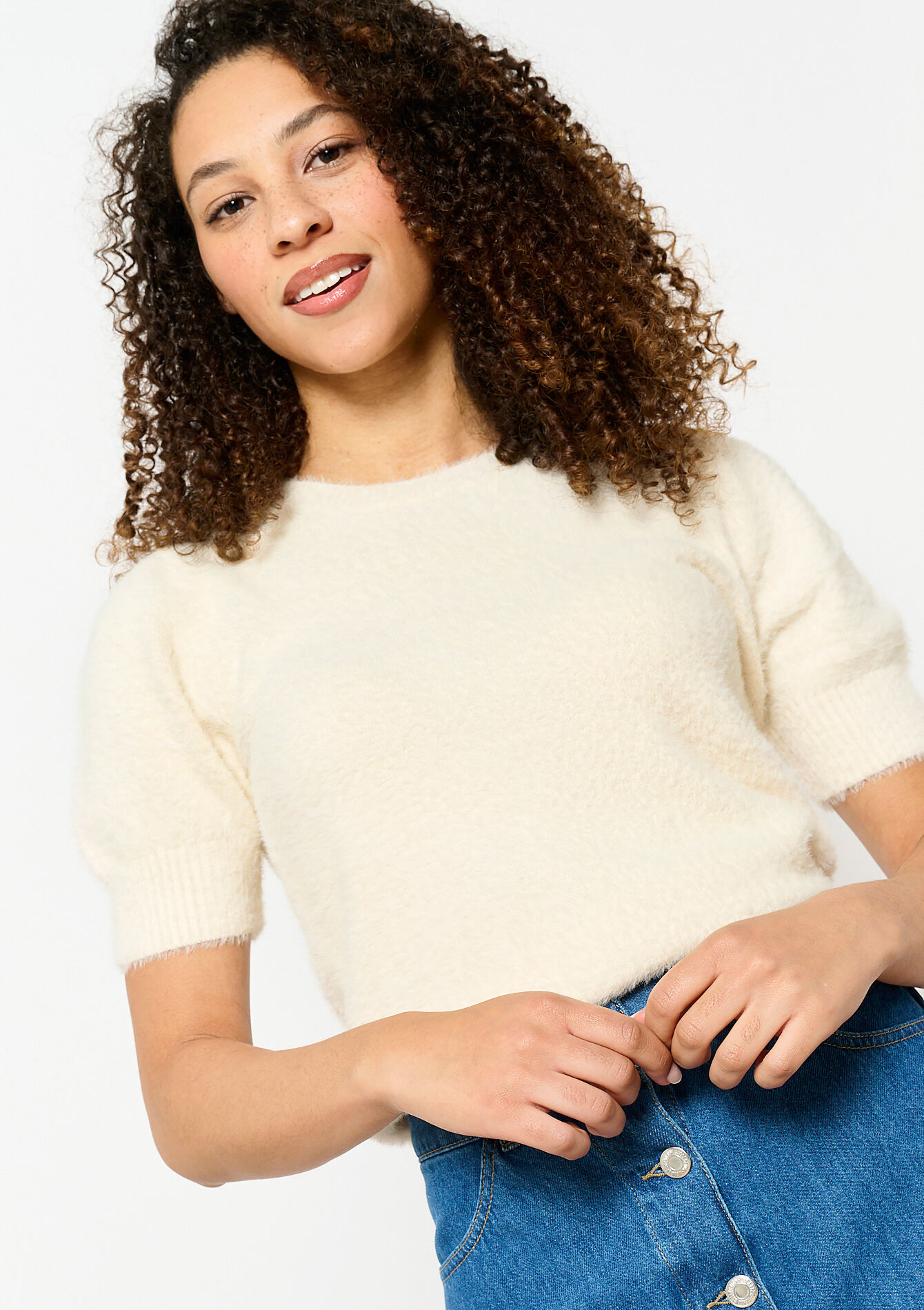 Eyelash sweater with short sleeves, Eyelash sweater with short sleeves - VANILLA WHITE - 04006825_1013