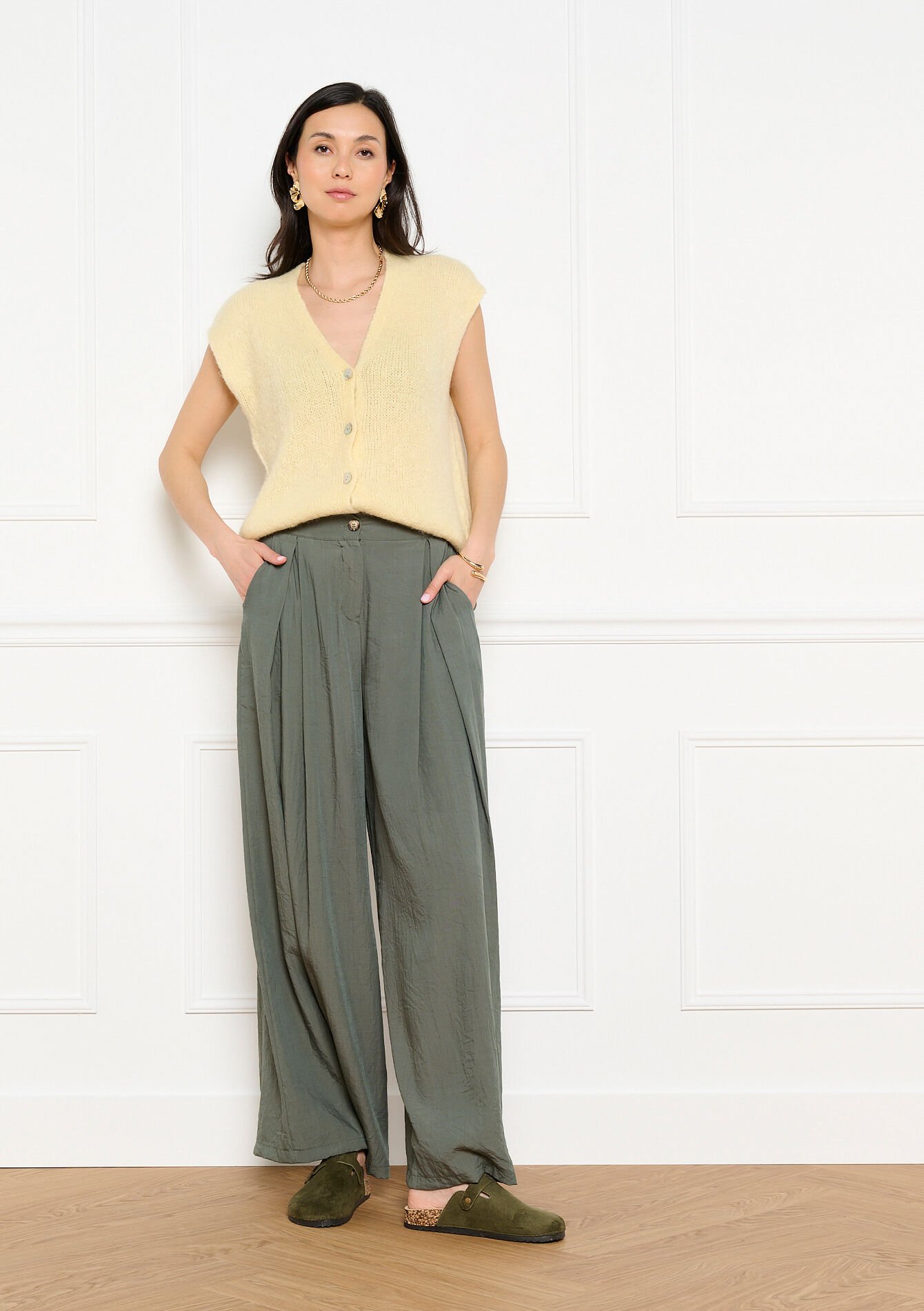 Wijde soepelvallende broek - KHAKI MED - 06601134_4327