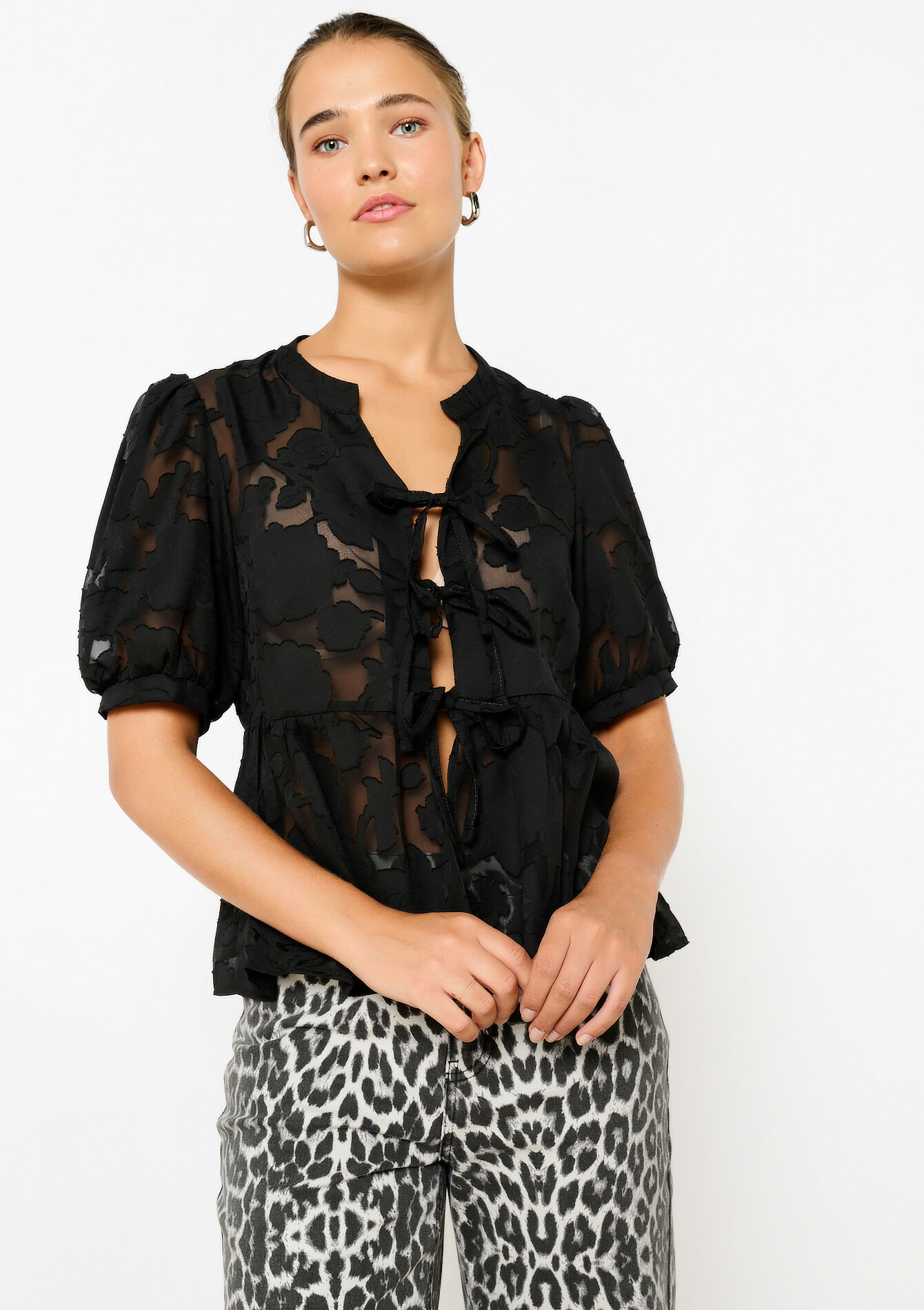 Blouse met kant en strikjes, Blouse met kant en strikjes - BLACK - 05702632_1119