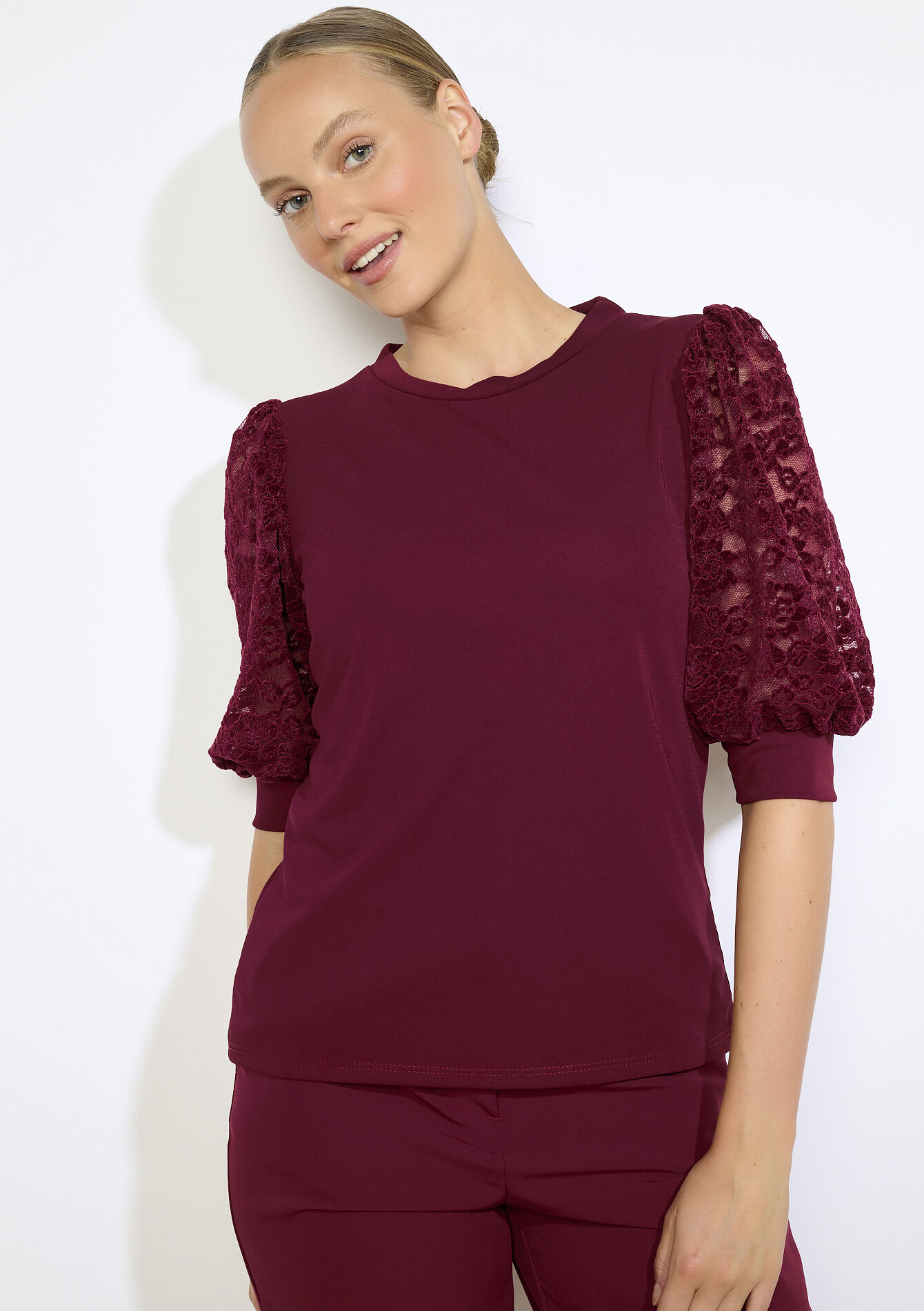 Lace puff sleeve t-shirt - BORDEAUX WINE - 02301925