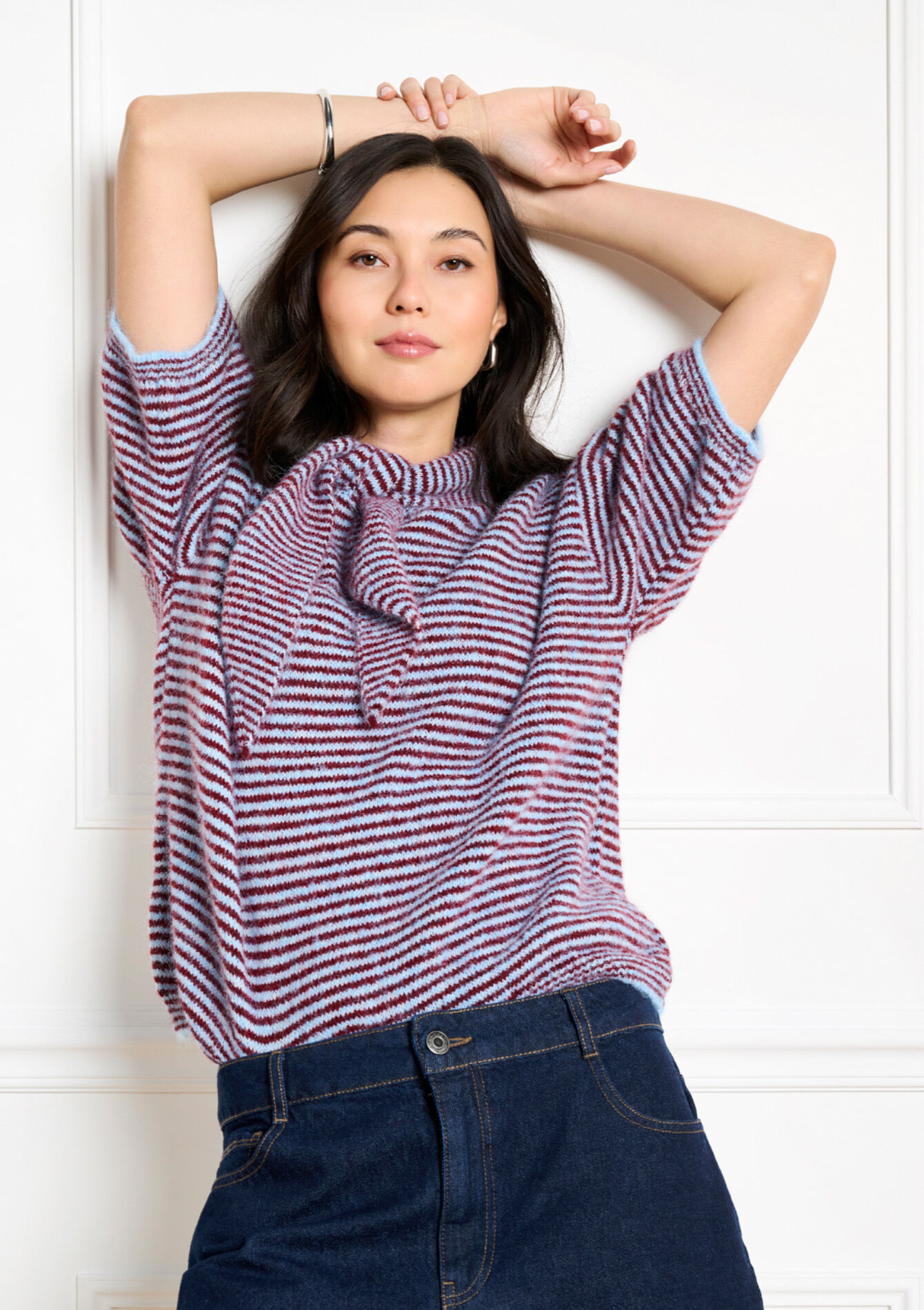 Gestreepte trui met korte mouwen - LT BLUE - 04007220_2519