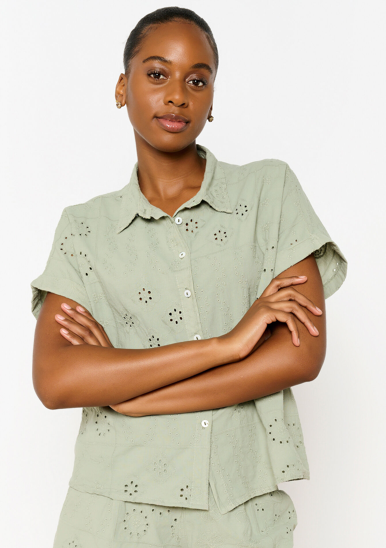 Shirt with broderie anglaise - KHAKI MINT - 05702506_2542