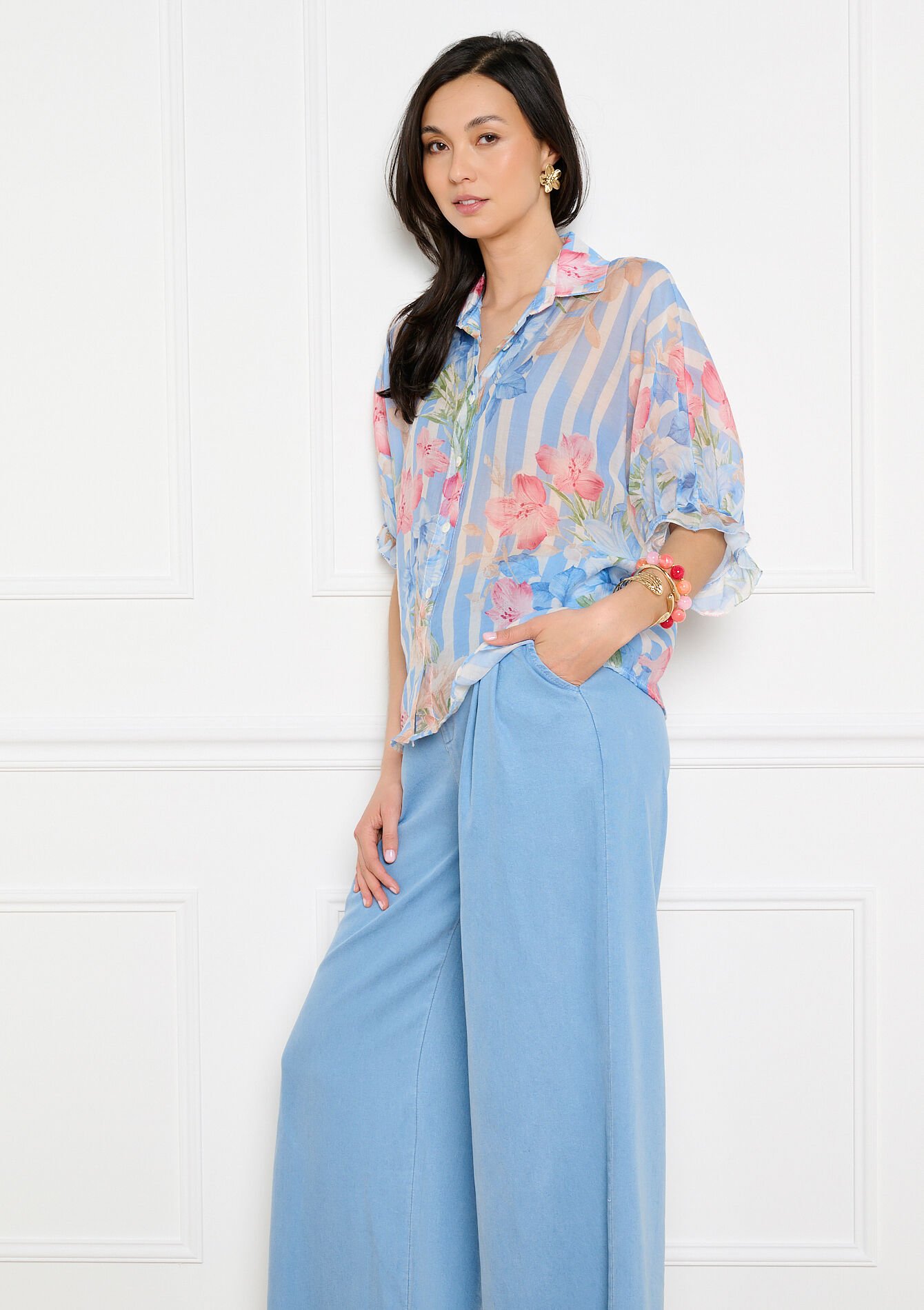 Chemise voile rayures fleurs - BLUE PASTEL - 05703092_3003