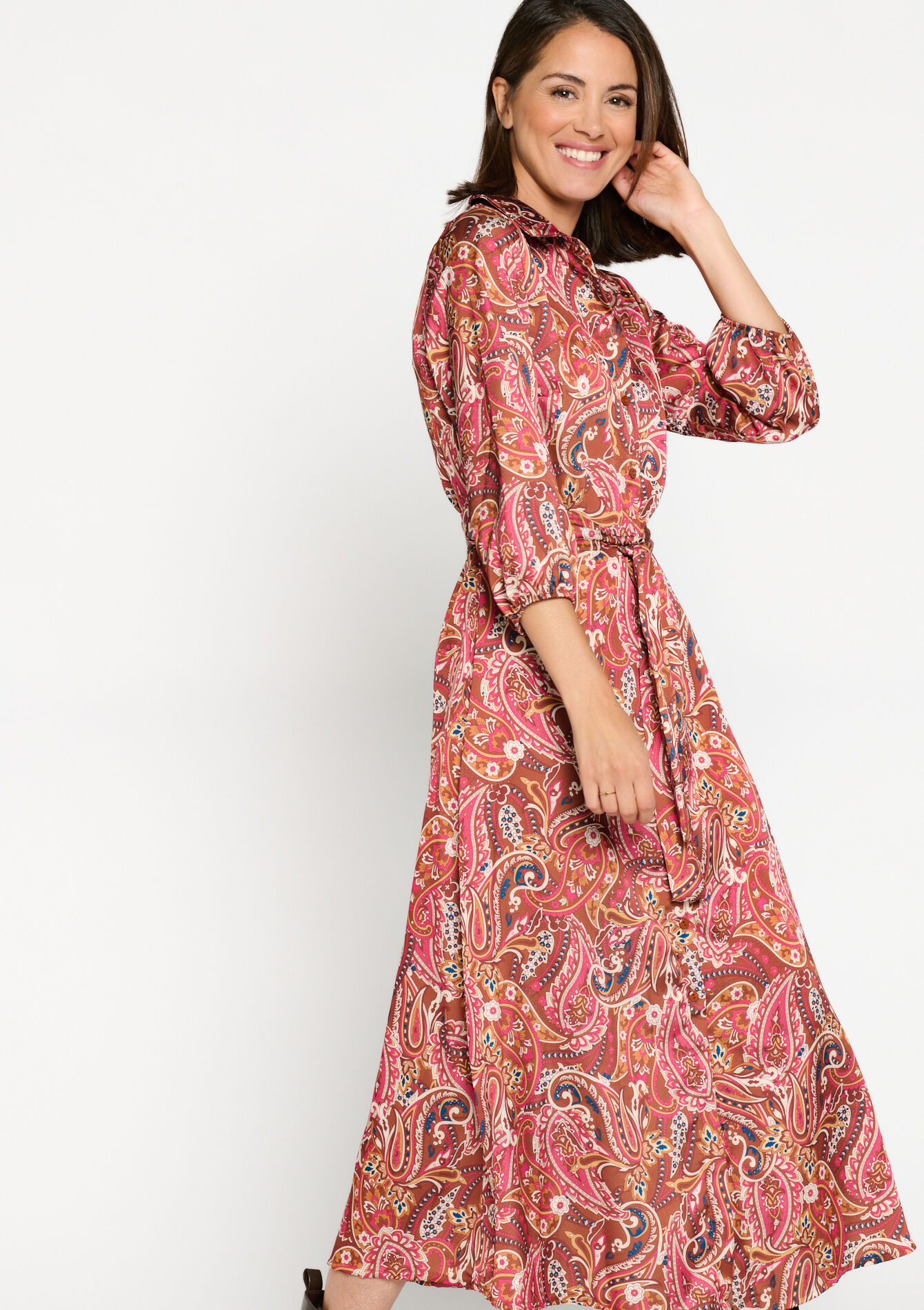 Satin shirt dress with paisley print, Satin shirt dress with paisley print - CAMEL BROWN - 08602185_3818
