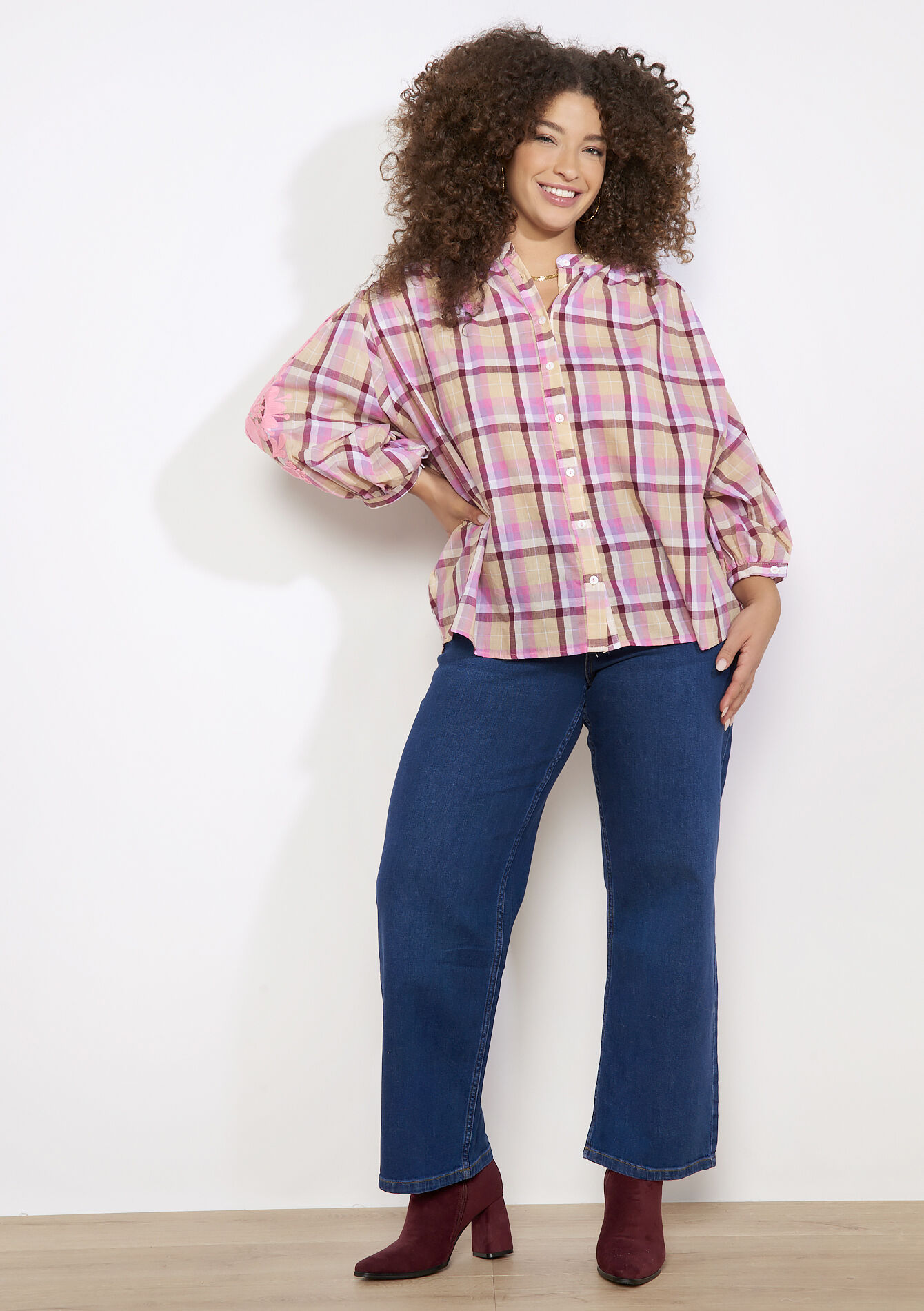 Blouse à carreaux brodée, Blouse à carreaux brodée - VANILLA WHITE - 05702941_1013