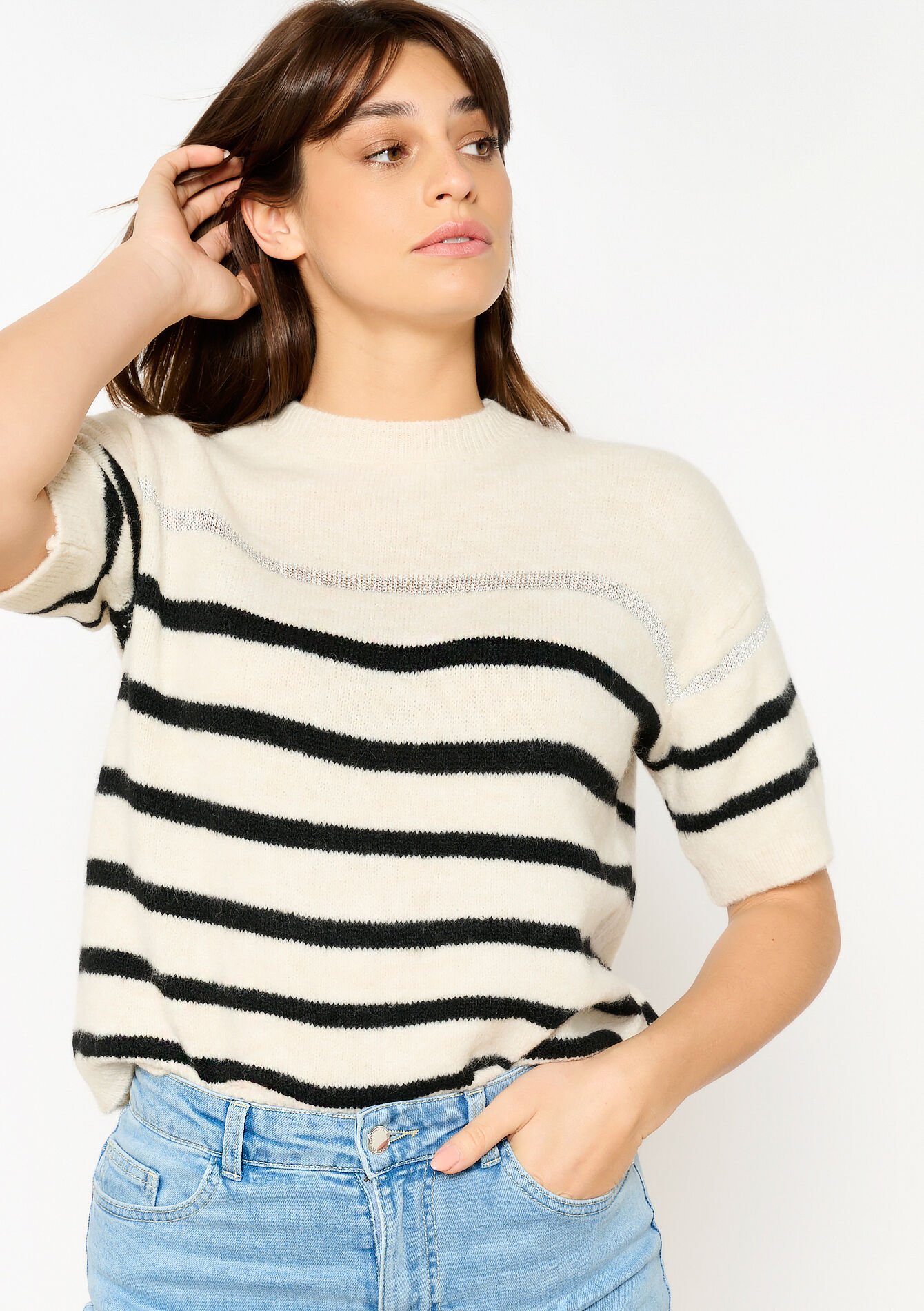 Gestreepte trui met korte mouwen, Gestreepte trui met korte mouwen - OFFWHITE - 04006890_1001