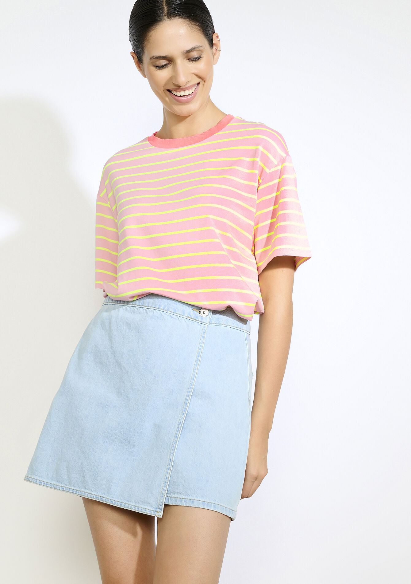 Gestreept losvallend T-shirt, Gestreept losvallend T-shirt - FLUO PINK - 02301868