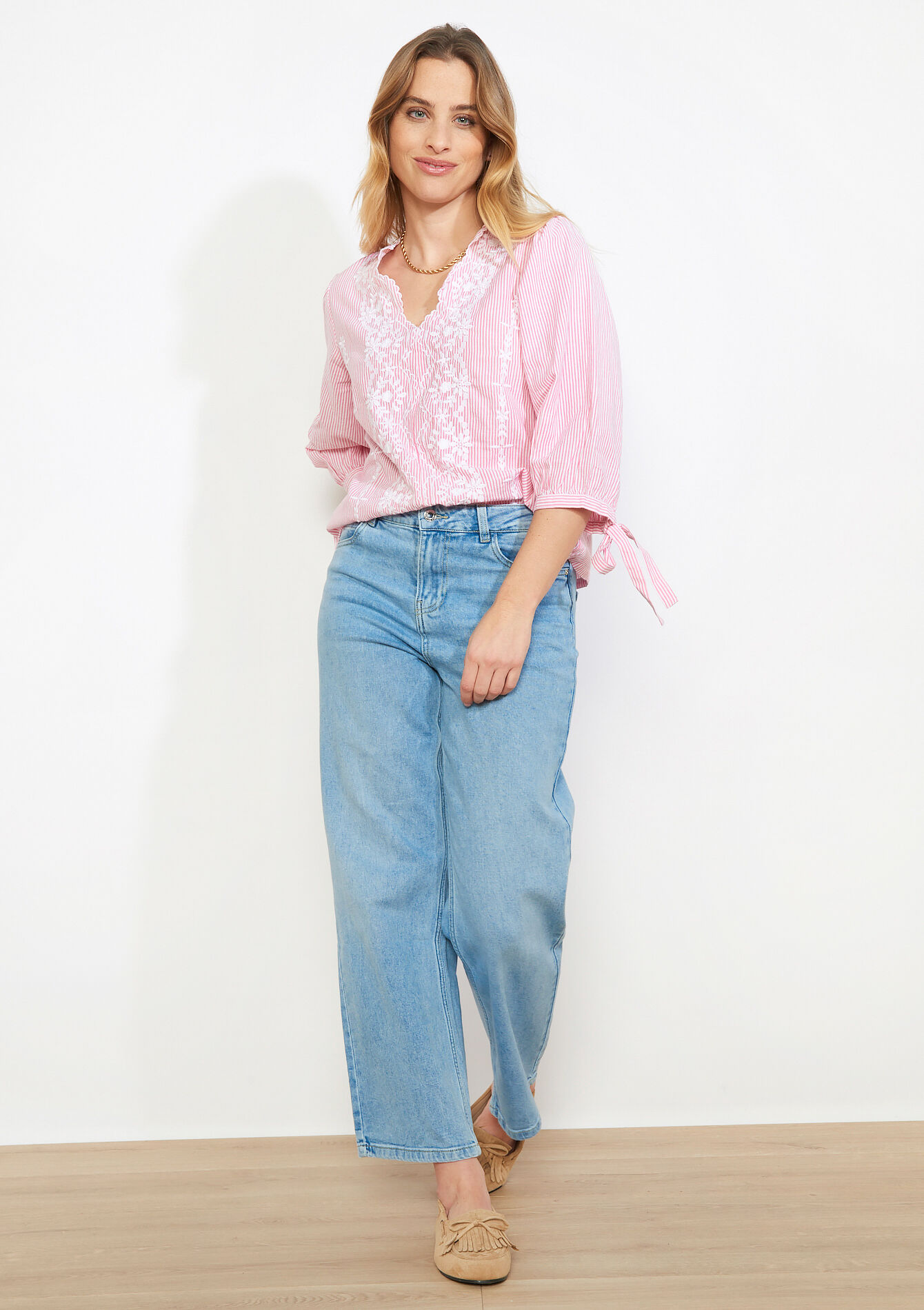 Geborduurde gestreepte blouse - LIGHT PINK - 05702944_1303