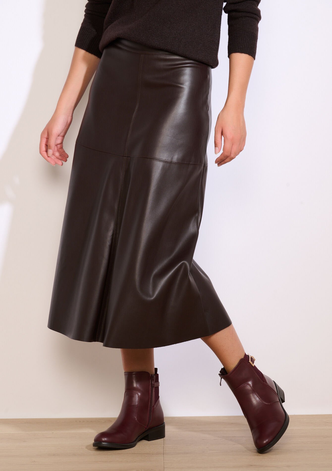 Midi-rok in imitatieleer, Midi-rok in imitatieleer - BROWN DARK CHOCOLATE - 07101404_3720