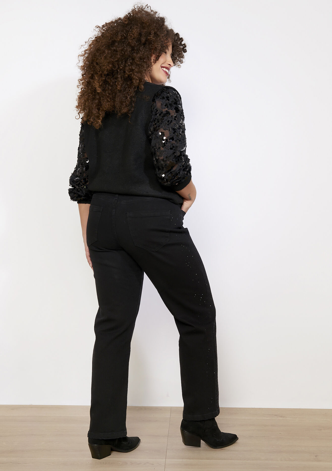 Rechte jeans hoge taille met strass - BLACK - 22000627_1119