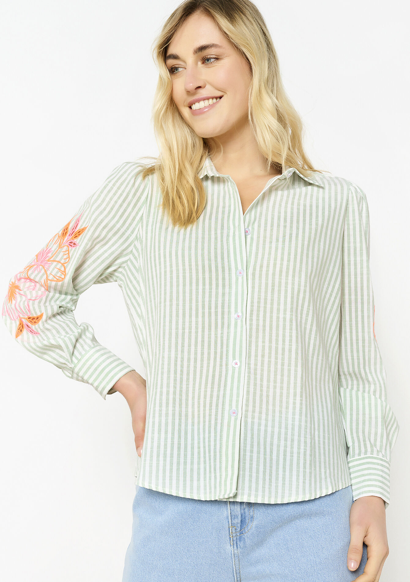 Chemise rayée brodée, Chemise rayée brodée - KHAKI MINT - 05702724_2542