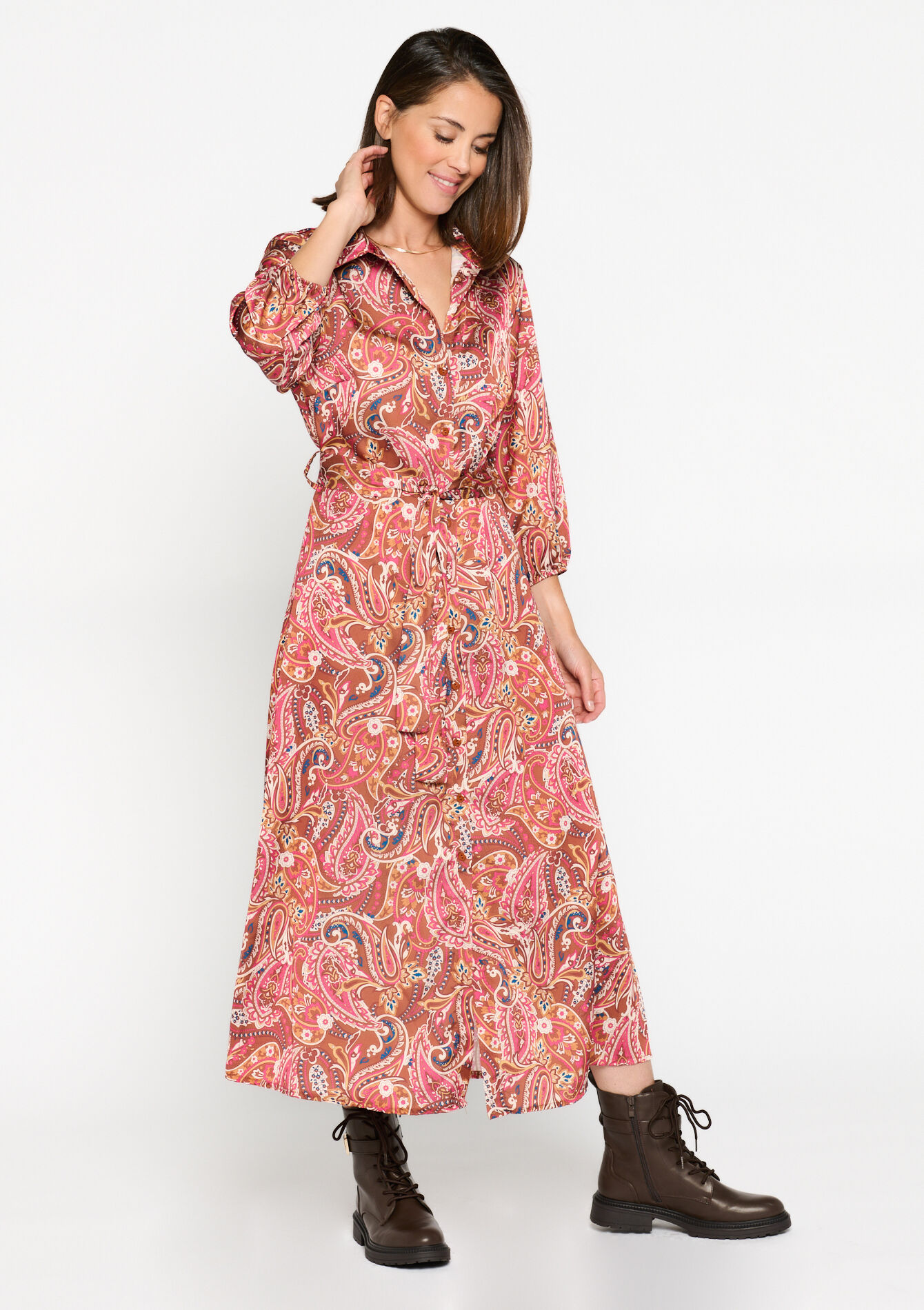 Satin shirt dress with paisley print, Satin shirt dress with paisley print - CAMEL BROWN - 08602185_3818
